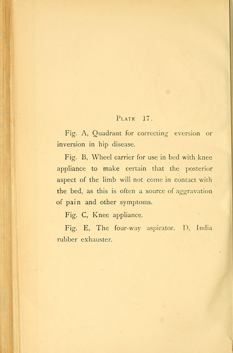 Fig. A, Quadrant for correcting eversion or inversion in hip disease. Fig. B, Wheel carrier for use in bed with knee appliance to make certain that the posterior aspect of the limb will not come in contact with the bed, as this is often a source of aggravation of pain and other symptoms. Fig. C, Knee appliance. Fig. E, The four-way aspirator. D, India rubber exhauster.