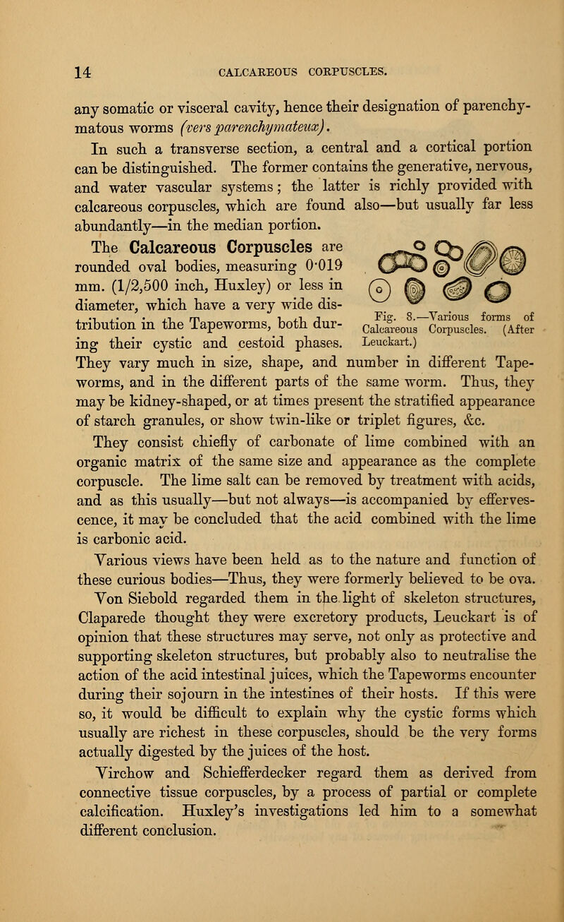 any somatic or visceral cavity, hence their designation of parenchy- matous worms (vers parenchymateux). In such a transverse section, a central and a cortical portion can be distinguished. The former contains the generative, nervous, and water vascular systems; the latter is richly provided with calcareous corpuscles, which are found also—but usually far less abundantly—in the median portion. The Calcareous Corpuscles are rounded oval bodies, measuring 0*019 mm. (1/2,500 inch, Huxley) or less in diameter, which have a very wide dis- tribution in the Tapeworms^ both dur- calcareous'^CorJurcles.0™ After ing their cystic and cestoid phases. Leuckart.) They vary much in size, shape, and number in different Tape- worms, and in the different parts of the same worm. Thus, they may be kidney-shaped, or at times present the stratified appearance of starch granules, or show twin-like or triplet figures, &c. They consist chiefly of carbonate of lime combined with an organic matrix of the same size and appearance as the complete corpuscle. The lime salt can be removed by treatment with acids, and as this usually—but not always—is accompanied by efferves- cence, it may be concluded that the acid combined with the lime is carbonic acid. Yarious views have been held as to the nature and function of these curious bodies—Thus, they were formerly believed to be ova. Yon Siebold regarded them in the light of skeleton structures, Claparede thought they were excretory products, Leuckart is of opinion that these structures may serve, not only as protective and supporting skeleton structures, but probably also to neutralise the action of the acid intestinal juices, which the Tapeworms encounter during their sojourn in the intestines of their hosts. If this were so, it would be difficult to explain why the cystic forms which usually are richest in these corpuscles, should be the very forms actually digested by the juices of the host. Yirchow and Schiefferdecker regard them as derived from connective tissue corpuscles, by a process of partial or complete calcification. Huxley's investigations led him to a somewhat different conclusion.