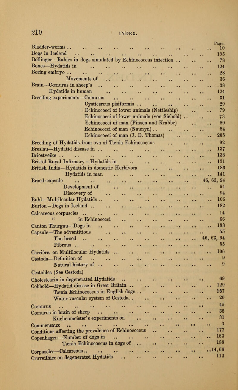 Bladder-worms Bogs in Iceland Bollinger—Kabies in dogs simulated by Eehinococcus infection Bones—Hydatids in Boring embryo Movements of Brain—Ccenurus in sheep's Hydatids in human .. Breeding experiments—Ccenurus Cysticercus pisiformis Echinococci of lower animals (Nettleship) Echinococei of lower animals (von Siebold) Echinococci of man (Finsen and Krabbe) Echinococci of man (Naunyn) Echinococci of man (J. D. Thomas) Breeding of Hydatids from ova of Taenia Eehinococcus Breslau—Hydatid disease in .. Briostveike Bristol Boyal Infirmary—Hydatids in British India—Hydatids in domestic Herbivora Hydatids in man Brood-capsule Development of Discovery of Buhl—Multilocular Hydatids .. Burton—Dogs in Iceland .. Calcareous corpuscles ..  in Echinococci Canton Thurgau—Dogs in Capsule—The adventitious The brood Fibrous .. .. ., Carriere, on Multilocular Hydatids Cestoda—Definition of Natural history of .. Cestoidea (See Cestoda) Cholestearin in degenerated Hydatids Cobbold—Hydatid disease in Great Britain Taenia Eehinococcus in English dogs .. Water vascular system of Cestoda.. Ccenurus Ccenurus in brain of sheep Kuchenmeister's experiments on Commensaux .. .. Conditions affecting the prevalence of Eehinococcus Copenhagen—Number of dogs in , Taenia Eehinococcus in dogs of .. Corpuscles—Calcareous Cruveilhier on degenerated Hydatids 46, 46, Page. 10 195 78 124 28 36 38 124 31 29 79 73 80 84 205 92 137 138 131 186 141 63, 94 94 94 106 182 14 66 183 55 63, 94 55 106 9 9 69 129 187 20 45 38 31 3 177 183 188 ,14,66 112