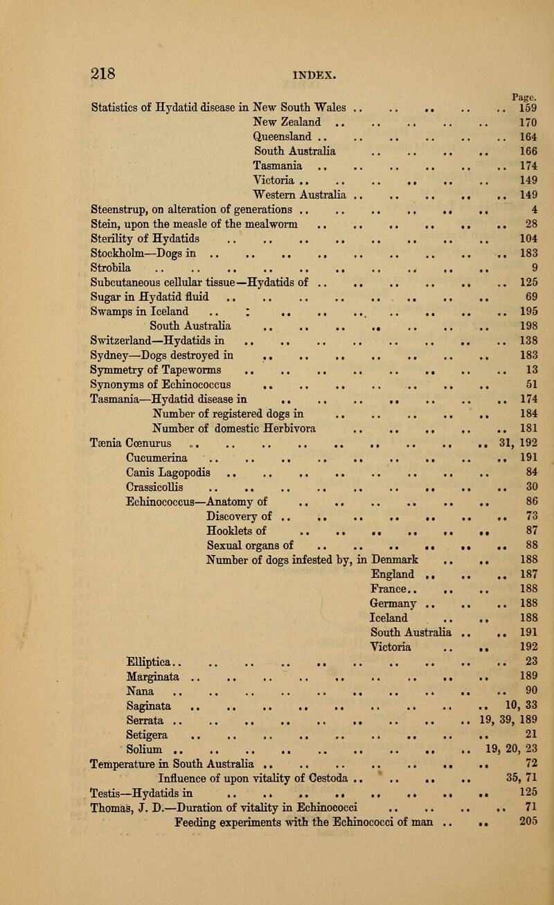 Statistics of Hydatid disease in New South Wales New Zealand .. Queensland .. South Australia Tasmania Victoria .. Western Australia Steenstrup, on alteration of generations .. Stein, upon the measle of the mealworm .. Sterility of Hydatids Stockholm—Dogs in .. .. ., ., Strohila .. .. Suhcutaneous cellular tissue—Hydatids of .. Sugar in Hydatid fluid Swamps in Iceland .. : South Australia ,, ., Switzerland—Hydatids in ., Sydney—Dogs destroyed in .. Symmetry of Tapeworms Synonyms of Echinococcus .. Tasmania—Hydatid disease in .. Numher of registered dogs in Numher of domestic Herbivora Taenia Ccenurus „. Cucumerina .. .. .. ., Canis Lagopodis .. .. ,. Crassicollis .. .. .. .. Echinococcus—Anatomy of Discovery of .. .. Hooklets of Sexual organs of Numher of dogs infested by, in Denmark England France.. Germany Iceland South Australia Victoria Elliptica Marginata Nana Saginata .. .. .. .. .. Serrata Setigera Solium Temperature in South Australia Influence of upon vitality of Cestoda . Testis—Hydatids in .. .. .. .« Thomas, J. D.—Duration of vitality in Echinococci Feeding experiments with the Echinococci of man