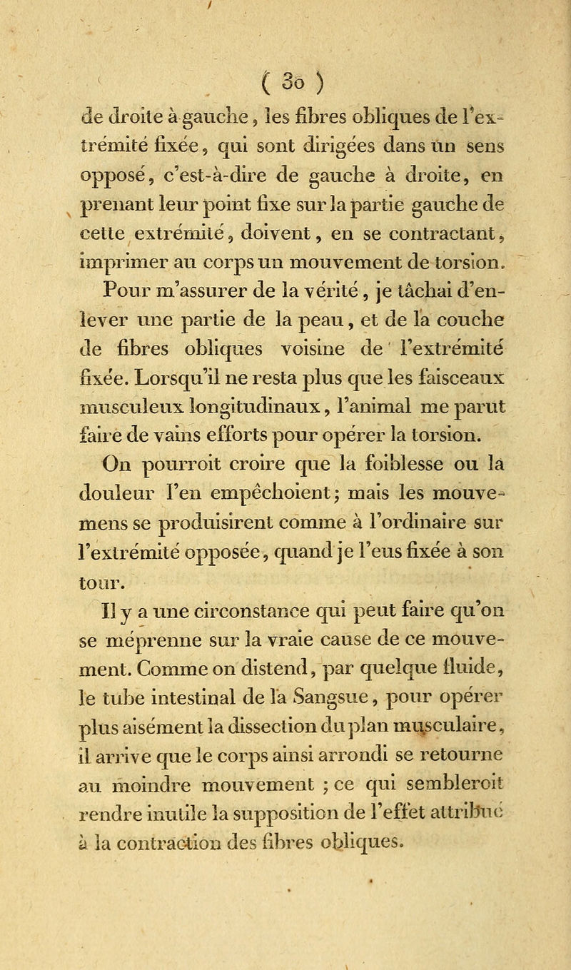 de droite à gauche, les fibres obliques de fex.- trëmitë fixée, qui sont dirigées dans un sens oppose, c'est-à-dire de gauche à droite, en prenant leur point fixe sur la partie gauche de cette extrëniitë, doivent, en se contractant, imprimer au corps un mouvement de torsion. Pour m'assurer de la vëritë, je tâchai d'en- lever une partie de la peau, et de la couche de fibres obliques voisine de l'extrémité fixée. Lorsqu'il ne resta plus que les faisceaux musculeux longitudinaux, l'animal me parut faire de vains efforts pour opërer la torsion. On pourroit croire que la foiblesse ou là douleur l'en empêchoient; mais les mouve^ mens se produisirent comme à l'ordinaire sur l'extrëmitë opposée, quand je l'eus fixée à son tour. Il y a une circonstance qui peut faire qu'on se méprenne sur la vraie cause de ce mouve- ment. Comme on distend, par quelque fluide, le tube intestinal de la Sangsue, pour opérer plus aisément la dissection du j^lan musculaire, il arrive que le corps ainsi arrondi se retourne au moindre mouvement ; ce qui sembleroit rendre inutile la supposition de l'effet attribue à la contraction des fibres obliques.