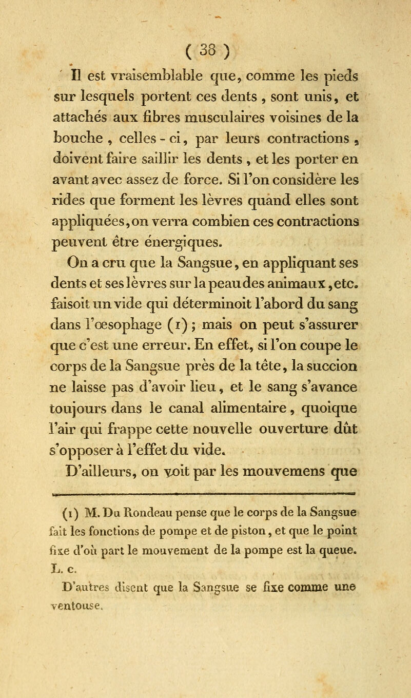 Il est vraisemblable que, comme les pieds sur lesquels portent ces dents , sont unis, et attaches aux fibres musculaires voisines de la bouche , celles - ci, par leurs contractions ^ doivent faire saillir les dents , et les porter en avant avec assez de force. Si l'on considère les rides que forment les lèvres quand elles sont appliquées,on verra combien ces contractions peuvent être énergiques. On a cru que la Sangsue, en appliquant ses dents et ses lèvres sur la peau des animaux ,etc. faisoit un vide qui déterminoit l'abord du sang dans l'œsophage (i) ; mais on peut s'assurer que c'est une erreur. En effet, si l'on coupe le corps de la Sangsue près de la tête, la succion ne laisse pas d'avoir lieu, et le sang s'avance toujours dans le canal alimentaire, quoique l'air qui frappe cette nouvelle ouverture dut s'opposer à l'effet du vide» D'ailleurs, on voit par les mouvemens que (i) M. Du Rondeau pense que le corps de la Sangsue fait les fonctions de pompe et de piston, et que le point fixe d'où part le mouvement de la pompe est la queue. L.C. D'autres disent que la Sangsue se fixe comme une ventouse.