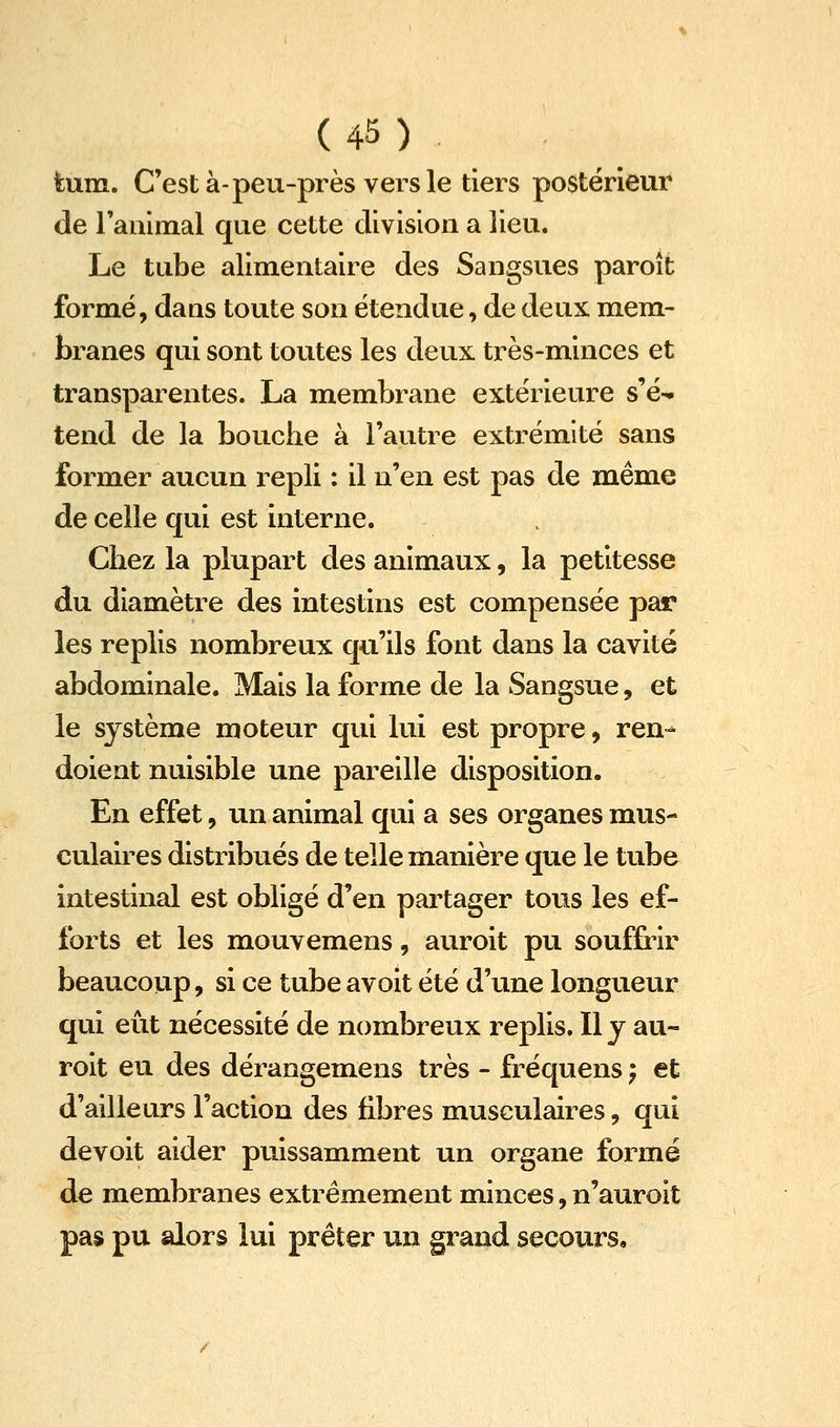 tum. C'est à-peu-près vers le tiers postérieur de ranimai que cette division a lieu. Le tube alimentaire des Sangsues paroit formé, dans toute son étendue, de deux mem- branes qui sont toutes les deux très-minces et transparentes. La membrane extérieure s'é- tend de la bouche à l'autre extrémité sans former aucun repli : il n'en est pas de même de celle qui est interne. Chez la plupart des animaux, la petitesse du diamètre des intestins est compensée par les replis nombreux qu'ils font dans la cavité abdominale. Mais la forme de la Sangsue, et le système moteur qui lui est propre, ren-- doient nuisible une pareille disposition. En effet, un animal qui a ses organes mus- culaires distribués de telle manière que le tube intestinal est obligé d'en partager tous les ef- forts et les mouvemens, auroit pu souffrir beaucoup, si ce tube avoit été d'une longueur qui eût nécessité de nombreux replis. Il y au- roit eu des dérangemens très - fréquens j et d'ailleurs l'action des fibres musculaires, qui devoit aider puissamment un organe formé de membranes extrêmement minces, n'auroit pas pu alors lui prêter un grand secours.