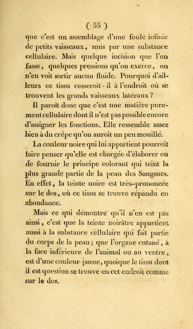 que c'est un assemblage d'une foule infinie de petits vaisseaux, unis par une substance cellulaire. Mais quelque incision que Ton fasse, quelques pressions qu'on exerce, on n'en voit sortir aucun fluide. Pourquoi d'ail- leurs ce tissu cesseroit - il à l'endroit où se trouvent les grands vaisseaux latéraux ? Il paroît donc que c'est une matière pure- ment cellulaire dont il n'est pas possible encore d'assigner les fonctions^. Elle ressemble assez bien à du crêpe qu'on auroit un peu mouillé. La couleur noire qui lui appartient pourroit faire penser qu'elle est cbargée d'élaborer ou de fournir le principe colorant qui teint la plus grande partie de la peau des Sangsues, En effet, la teinte noire est très-prononcée sur le dos, où ce tissu se trouve répandti en abondance. Mais ce qui démontre qu'il n'en est pas ainsi, c'est que la teinte noirâtre appartient aussi à la substance cellulaire qui fait partie du corps de la peau; que l'organe cutané, à la face inférieure de l'animal ou au ventre ^ est d'une couleur jaune, quoique le tissu dont il est question se trouve en cet endroit comme sur le dos.