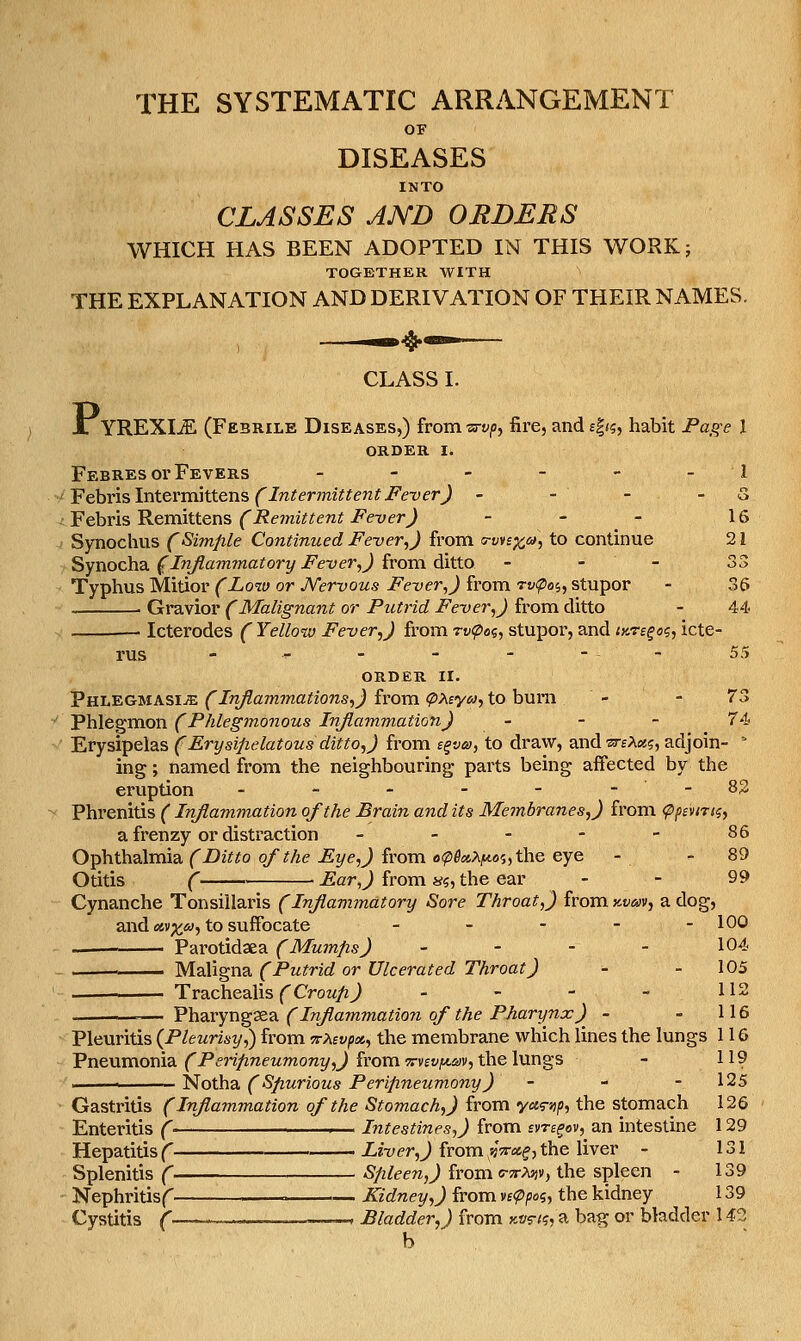 THE SYSTEMATIC ARRANGEMENT OF DISEASES INTO CLASSES AND ORDERS WHICH HAS BEEN ADOPTED IN THIS WORK; TOGETHER WITH THE EXPLANATION AND DERIVATION OF THEIR NAMES. CLASS I. Jl YREXIiE (Febrile Diseases,) from^j^/j, fire, and£|<?, habit Page \ ORDER I. FebresorFevers _-_--_ i Vehxi^lx\tQYVi\'itten^( Intermittent Fever) - - - - S YQhr'i.s^Gm\XX.en^ (Remittent Fever) - - - 16 Synochus (Simjile Continued Fever^) from wnxa-, to continue 21 Synocha (Injlammatory Fever,) from ditto - - - 33 Typhus Mitior (Low or Nervous Fever,) from -rvtpoi, stupor - 36 ■ Gravior (Malignant or Putrid Fever,) from ditto - 44 — Icterodes ( Yellow Fever,) from rvcpoq, stupor, and tKre^o^, icte- rus - - - - - - - 55 order ii. PhlegmasIjE (Inflammations,) from (pXiya, to bum - - 73 Phlegmon (Phlegmonous Injlammation) - - - 74 Erysipelas (Erysipelatous ditto,) from B^va, to draw, and •steAk?, adjoin- ' ing; named from the neighbouring parts being affected by the eruption - - - - - --83 Phrenitis (Inflammation of the Brain and its Membranes,) from ppairn, a frenzy or distraction - - - - - 86 Ophthalmia (Ditto of the Eye,) from e^5«Aicw;,the eye - - 89 Otitis ( Ear,) from «5, the ear - - 99 Cynanche Tonsillaris (Inflammatory Soi^e Throat,) from kvmv, a dog, and «cv;ii<y, to suffocate - - - - - 100 Parotidaea (Mumfis) - - - - 104 ' Maligna (Putrid or Ulcerated Throat) - - 105 Trachealis fCrow/zJ - - - - 112 —^— Pharyngsea (Inflammation of the Pharynx)^ - - 116 Pleuritis (Pleurisy,) from TirXevpx, the membrane which lines the lungs 116 Pneumonia ('Pm/zncMmonz/,^ from wvEHiM^v, the lungs - 119 —— Notha. (Spurious Perifineumony) - - - 125 Gastritis (Inflammation of the Stomach,) from yasvif, the stomach 126 Enteritis ( Intestines,) from tme^ov, an intestine 129 Hepatitis (^ ^——— i?x;er,J from sjVaf, the liver - 131 Splenitis ( Spleen,) from o-jtAiijv, the spleen - 139 Nephritis(^ Kidney,) from n<Ppo<i, the kidney 139 Cystitis ( — . Bladder,) from y,»r<?, a ba^ or bladder 14^ b