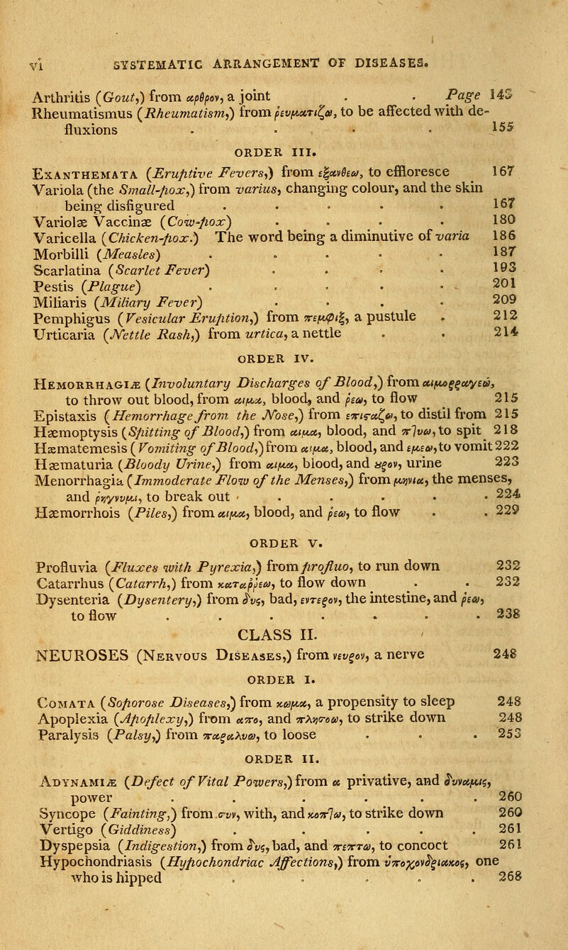 143 167 180 187 193 201 209 212 214 Arthritis {Gout,) from eepfi/sflv, a joint . . Page Rheumatismus {Rheumatism,) irompiv/Axri^oi, to be affected with de- fluxions . . • • ^55 ORDER III. Exanthemata {Erufitive Fevers,) from i^xvha, to effloresce 167 Variola (the Small-pox,) from varius, changing colour, and the skin being disfigured .... Variolse Vaccinae {Cotu-fiox) Varicella (Chicken-fiox.) The word being a diminutive of varia 18 6 Morbilli {Measles) .... Scarlatina {Scarlet Fever) Pestis {Plague) . ... Miliaris {Miliary Fever) Pemphigus ( Vesicular Erudition,) from Trif^pil, a pustule Urticaria {JSTettle Rash,) from urtica, a nettle ORDER IV. Hemorrhagic {Involuntary Discharges oj Blood,) hova.ctiina^^oc.'yw, to throw out blood, from aif^st, blood, and fsa, to flow 215 Epistaxis {Hemorrhage from Me .A'bse,) from £5r;s-a^», to distil from 215 Hsemoptysis {S/iitti7ig of Blood,) from c6if4M, blood, and 7r'lv6>,\.o spit 218 Hffimatemesis ( Vomiting of Blood,) from ciif*.oi, blood, and £;u,£&>,to vomit 222 Haematuria {Bloody Urine,) from mi^m, blood, and y^av, urine 223 Menorrhagia {Immoderate Flow of the Menses,) from |tt5}v<«, the menses, and priyvvfA.!, to break out ■....• 224 Hsemorrhois {Piles,) from xifM, blood, and fia, to flow . . 229 ORDER V. Profluvia {Fluxes ivith Pyrexia,) ivom firofuo, to run down 232 Catarrhus {Catarrh,) from y-ttrupfia, to flow down _ _. . 232 Dysenteria {Dysentery,) from ^v^, bad, tvn^oy, the intestine, and pea, to flow 238 CLASS II. NEUROSES (Nervous Diseases,) from nv^o-), a nerve 248 ORDER I. CoMATA {Soporose Diseases,) from x.6)fA,x, a propensity to sleep 248 Apoplexia {Apoplexy,) from utto, and -tXtjo-ou, to strike down 248 Paralysis {Palsy,) from xa^ejAt^a/, to loose . . .253 ORDER II. Adynamic {Defect of Vital Powers,) from « privative, and ^vrnfAiq, power . . . . . .260 Syncope {Fainting,) from trw, with, and mtfIu, to strike down 260 Vertigo {Giddiness) . . . . .261 Dyspepsia {Indigestion^ from ^t»$,bad, and TczTrra, to concoct 261 Hypochondriasis {Hypochondriac Affections,) from v7r<,^o\^^i»K6i, one who is hipped , . . . . 268