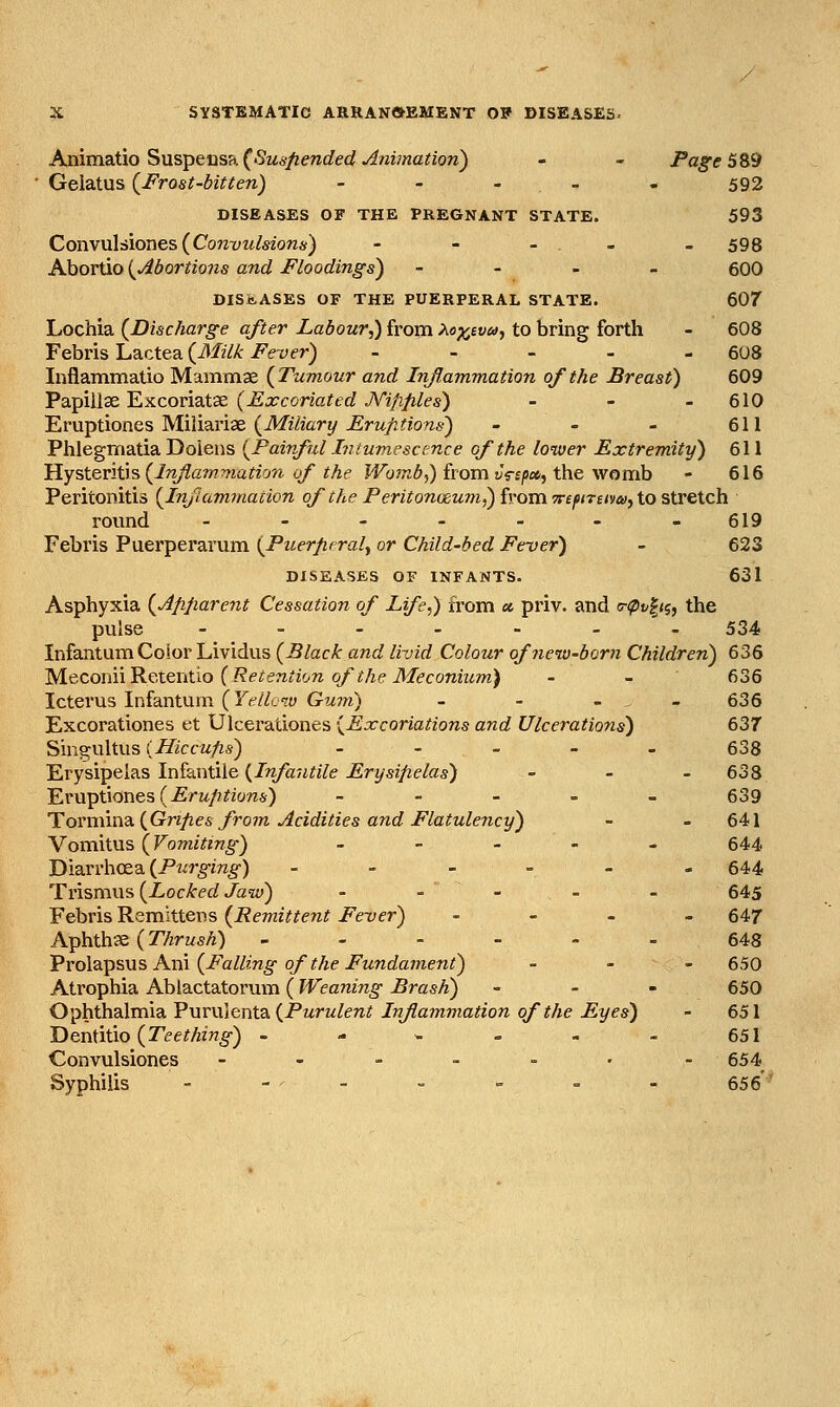 ArdrnaXio Snspensh. (Susfiended Animation) - - Pa^e 5B9 Gelatus {Frost-bitten) - - - - - 592 DISEASES OF THE PREGNANT STATE. 593 Convulsiones(Conx'Zf/sio?2«) - - - - - 598 Abortio{Abortions and Floodings) - - - . 600 DISEASES OF THE PUERPERAL STATE. 607 Lochia {Discharge after Labour,) from >^oj(,tvu, to bring forth - 608 Febris Lactea (Mz7X: i^e-yer) - - - - - 608 Inflammatio Mammae {Tumour and Injiammation of the Breast) 609 '?z^\\i-s,Y^%.cov\2X-x. {Excoriated Nifiples) - - - 610 'Evmptioaes Wiimrix {Miliary JErufi(ions) - - - 611 Phlegrnatia Doieiis {Painful Intumescence of the lower Extremity) 611 Hystevith {Inflammation of the Womb,) from vsspoi, the womb - 616 Peritonitis {Inflamination of the Peritonaeum,) h'omTefurcimjtostreich round - - - - - - -619 Fehv\sF\xerpeYs.Y\im.{Puerfifralj or Child-bed Fever) - 623 DISEASES OF INFANTS. 631 Asphyxia {Afijiareiit Cessation of Life,) from « priv. and <r<pv^iq, the pulse ------- 534 Infantum Color Lividus {Black and livid Colour ofnenv-born Children) 636 'M.QComi'Rf^.ltVi.ti.o {Retention of the Meconium) - - 636 Icterus Infantum ( Ti^/Zlw Gz^to) - - - - 636 Excorationes et Ulcerationes {Excoriations and Ulcerations) 637 Singultus (^icrw;^s) - - - - . 638 Erysipelas Infantile {Infantile Erysipelas) - - - 638 Eruptiones(^rw/2riom) - - - - - 639 Tovnuwdi {Gripes from Acidities and Flatulency) - - 641 Vomitus {Vomiting) ----- 644 Diarrhoea (Pwr^m^) ------ 644 Trismus {Locked Jaw) - . . _ . 645 Febris Remittens {Remitteyit Fever) - - - - 647 Aphthje (T^rwsA) ------ 648 Prolapsus Ani (i^aZ/mg-q/'^Aei^Mncfamenf) - - - 650 Atrophia Ablactatorum (Weaning Brash) - - - 650 Ophthalmia Purulenta (Purw/enit Inflammation of the Eyes) - 651 Dentitio (Tee^/Hw^-) - - - - - - 651 Convulsiones - - - - - • - 654 Syphilis - - . . - = = . 656