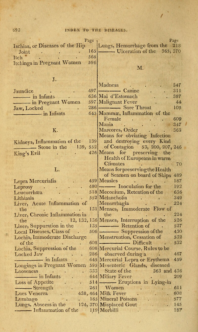 Ischias, or Diseases of the Hip Joint . . .165 Itch • . • .568 Itchings in Pregnant Women 596 497 636 597 286 645 J. Jaundice . ■ in Infants » in Pregnant Women Jaw, Locked . in Infants K. Kidneys, Inflammation of the 139 .^ Stone in the 139, 552 King's Evil • • 426 L. Lepra Mercurialis . 459 Leprosy .... 480 Leucorrhoea . • 518 Lithiasis . . _ • 552 Liver, Acute Inflammation of the ._ . . •. 131 Liver, Chronic Inflammation in the . .12, 132, 136 Liver, Suppuration in the 135 Local Diseases, Class of . 506 Lochia, Immoderate Discharge of the . . .608 Lochia, Suppression of the 608 Locked Jaw _ . . .286 __— in Infants . 645 Longings in Pregnant Women 595 Looseness . . .333 in Infants . 644 Loss of Appetite . . 514 Strength . 261 Lues Venerea . 438^ 464 Lumbago . . . 165 Lungs, Abscess in the 124, 370 ^^'••. ■ Inflammation of the 1.19 Page Lungs, Hemorrhage from the 218 » Ulceratioii of the 365, 370 M. Madness Canine Mai d'Estomach Malignant Fever Sore Throat 347 311 387 44 105 Mammae, Inflammation of the Female . . . 609 Mania - . . . 347 Marcores, Order . .362 Means for obviating Infection and destroying every Kind of Contagion 53,200,207,246 Means for preserving the Health of Europeans in warm Climates . . 70 Means for preservingtheHealth of Seamen on board of Ships 489 187 192 636 349 224 224 526 527 430 532 532 Measles Inoculation for the Meconium, Retention of the Melancholia Menori'hagia Menses, Immoderate Flow of the Menses, Interruption of the Retention of — Suppression of the Menstruation, Cessation of Difficult Mercurial Course, Rules to be observed during a . 467 Mercurial Lepra or Erythema 459 Mesenteric Glands, diseased State of the 363 and 436 Miliary Fever . 209 Eruptions in Lying-in Women . . 611 Milk Fever . . . 608 Mineral Poisons . 577 Misplaced Gout . .145 Morbilli , . !87