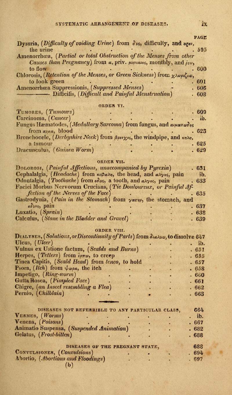 PAGE Dysuria, {Difficulty of voiding Urine) from ^vi, difficulty, and a^ev, the urine ...... 595 Amenorrliosa, (Partial or total Obstruction of the Menses from other Caiises than Pregnancy) from et, priv. f^nviuioi^ monthly, and/ssy, to flow ....... 600 Chlorosis, [Retention of the Menses, or Green Sickness) from x>^6ipi^oa, to look green ...... 601 AmenorrhiBdi Suppressioms^ [Suppressed Menses) - . 606 Difficilis, [Difficult and Painful Menstruation) . 608 ORDER VI. TuMORES, [Tumours) ..... 609 Carcinoma, [Cancer) . . . . . . ib. Fungus Haemalodes, [Medullary Sarcoma) from fungus, and a.i!*.%Tai^ii<i from ati/Mf blood ..... 623 Bronehocele, [Derbyshire Neck) from ^pav^oi, the windpipe, and tcfiXn, a tumour ....... 625 Dracunculus, [Guinea Worm) .... 629 ORDER VII. DoLOROsr, [Painful Jjffections, unaccompanied by Pyrexia) . 631 Cephalalgia, [Headache) from y-BtpaM, the head, and «Ayo5, pain ib. Odontalgia, [Toothache) (rom oS'ta, a tooth, and «Aye5, pain . 633 Faciei Morbus Nervorum Crucians, [Tic Douloureux, or Painful Af- fection of the Nerves of the Face) .... 635 Gastrodynia, [Pain in the Stomach) from y«s-»?p, the stomach, and eS'vvyi, pain ...... 637 Luxatio, [Sprain) . . . . . . 638 Calculus, [Stone in the Bladder and Gravel) . . . 639 ORDER VIII. DiAiiTSES, [Solutions, orDiscontinuity of Parts) from ^^uAi^ii), to dissolve 647 Ulcus, [Ulcer) . . . . . . ib.  ■ .65! . 695 . 657 . 658 . 660 . 661 , 662 . 663 Vulnus ex Ustione factum, [Scalds and Burns) Herpes, [Tetters) from epTra, to creep Tinea Capitis, [Scald Head) from teneo, to hold Psora, [Itch) from ■^^apa, the itch Impetigo, [Ring-worm) GuttaRosea, [Pimpled Face) Chigre, [an Insect resembling a Flea) Pernio, [Chilblain) DISEASES NOT REFERRIBLE TO ANY PARTICULAR CLASS, 664 Vermes, [Worms) . . . . . . ib. Venena, [Poisons) ...... 667 Animatio Suspensa, [Suspended Animation) . . . 682 Gelatus, [Frost-bitten) ..... 688 DISEASES OF THE PREGNANT STATE, 688 CoNVULSiONES, [Couvulsions) .... 694 .'Vbortio, (Abortions and Floodings) . . . > 697