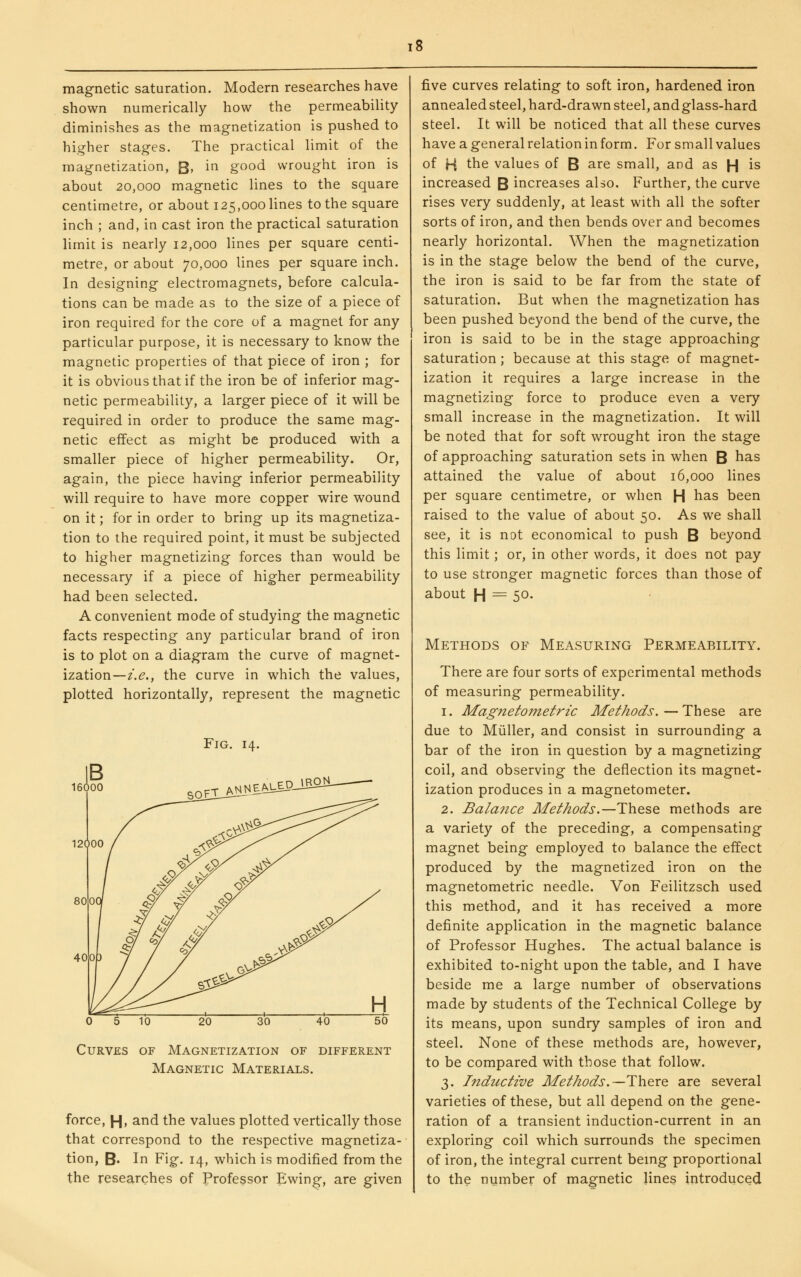 magnetic saturation. Modern researches have shown numerically how the permeability diminishes as the magnetization is pushed to higher stages. The practical limit of the magnetization, Q, in good wrought iron is about 20,000 magnetic lines to the square centimetre, or about 125,000 lines to the square inch ; and, in cast iron the practical saturation limit is nearly 12,000 lines per square centi- metre, or about 70,000 lines per square inch. In designing electromagnets, before calcula- tions can be made as to the size of a piece of iron required for the core of a magnet for any particular purpose, it is necessary to know the magnetic properties of that piece of iron ; for it is obvious that if the iron be of inferior mag- netic permeability, a larger piece of it will be required in order to produce the same mag- netic effect as might be produced with a smaller piece of higher permeability. Or, again, the piece having inferior permeability will require to have more copper wire wound on it; for in order to bring up its magnetiza- tion to the required point, it must be subjected to higher magnetizing forces than would be necessary if a piece of higher permeability had been selected. A convenient mode of studying the magnetic facts respecting any particular brand of iron is to plot on a diagram the curve of magnet- ization—I.e., the curve in which the values, plotted horizontally, represent the magnetic Fig. 14. Curves of Magnetization of different Magnetic Materials. force, H. and the values plotted vertically those that correspond to the respective magnetiza- tion, B' In Fig. 14, which is modhSed from the the researches of Professor Ewing, are given five curves relating to soft iron, hardened iron annealed steel, hard-drawn steel, andglass-hard steel. It will be noticed that all these curves have a general relation in form. For small values of H the values of B are small, and as H is increased B increases also. Further, the curve rises very suddenly, at least with all the softer sorts of iron, and then bends over and becomes nearly horizontal. When the magnetization is in the stage below the bend of the curve, the iron is said to be far from the state of saturation. But when the magnetization has been pushed beyond the bend of the curve, the iron is said to be in the stage approaching saturation; because at this stage of magnet- ization it requires a large increase in the magnetizing force to produce even a very small increase in the magnetization. It will be noted that for soft wrought iron the stage of approaching saturation sets in when B has attained the value of about 16,000 lines per square centimetre, or when H has been raised to the value of about 50. As we shall see, it is not economical to push B beyond this limit; or, in other words, it does not pay to use stronger magnetic forces than those of about H = 50- Methods of Measuring Permeability. There are four sorts of experimental methods of measuring permeability. 1. Magnetometric Methods.—These are due to Miiller, and consist in surrounding a bar of the iron in question by a magnetizing coil, and observing the deflection its magnet- ization produces in a magnetometer. 2. Balance Methods.—These methods are a variety of the preceding, a compensating magnet being employed to balance the effect produced by the magnetized iron on the magnetometric needle. Von Feilitzsch used this method, and it has received a more definite application in the magnetic balance of Professor Hughes. The actual balance is exhibited to-night upon the table, and I have beside me a large number of observations made by students of the Technical College by its means, upon sundry samples of iron and steel. None of these methods are, however, to be compared with those that follow. 3. Inductive Methods.—There are several varieties of these, but all depend on the gene- ration of a transient induction-current in an exploring coil which surrounds the specimen of iron, the integral current being proportional to the number of magnetic lines introduced