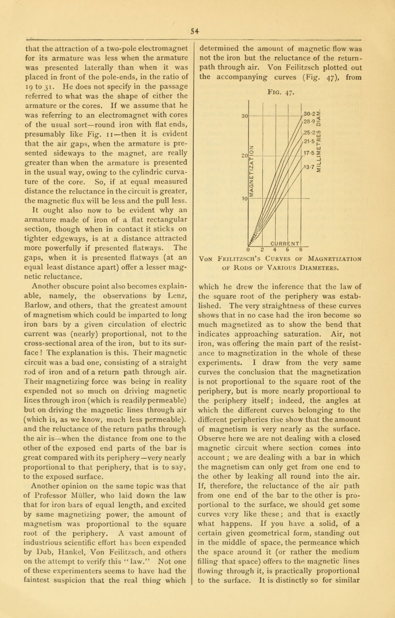 that the attraction of a two-pole electromagnet for its armature was less when the armature was presented laterally than when it was placed in front of the pole-ends, in the ratio of 19 to 31. He does not specify in the passage referred to what was the shape of either the armature or the cores. If we assume that he was referring to an electromagnet with cores of the usual sort—round iron with flat ends, presumably like Fig. 11—then it is evident that the air gaps, when the armature is pre- sented sideways to the magnet, are really greater than when the armature is presented in the usual way, owing to the cylindric curva- ture of the core. So, if at equal measured distance the reluctance in the circuit is greater, the magnetic flux will be less and the pull less. It ought also now to be evident why an armature made of iron of a flat rectangular section, though when in contact it sticks on tighter edgeways, is at a distance attracted more powerfully if presented flatways. The gaps, when it is presented flatways (at an equal least distance apart) offer a lesser mag- netic reluctance. Another obscure point also becomes explain- able, namely, the observations by Lenz, Barlow, and others, that the greatest amount of magnetism which could be imparted to long iron bars by a given circulation of electric current was (nearly) proportional, not to the cross-sectional area of the iron, but to its sur- face ! The explanation is this. Their magnetic circuit was a bad one, consisting of a straight rod of iron and of a return path through air. Their magnetizing force was being in reality expended not so much on driving magnetic lines through iron (which is readily permeable) but on driving the magnetic lines through air (which is, as we know, much less permeable), and the reluctance of the return paths through the air is—when the distance from one to the other of the exposed end parts of the bar is great compared with its periphery—very nearly proportional to that periphery, that is to say, to the exposed surface. Another opinion on the same topic was that of Professor Miiller, who laid down the law that for iron bars of equal length, and excited by same magnetizing power, the amount of magnetism was proportional to the square root of the periphery. A vast amount of industrious scientific effort has been expended by Dub, Hankel, Von Feilitzsch, and others on the attempt to verify this  law. Not one of these experimenters seems to have had the faintest suspicion that the real thing which determined the amount of magnetic flow was not the iron but the reluctance of the return- path through air. Von Feilitzsch plotted out the accompanying curves (Fig. 47), from Fig. 47. 2 4 6 Von Feilitzsch's Curves of Magnetization OF Rods of Various Diameters. which he drew the inference that the law of the square root of the periphery was estab- lished. The very straightness of these curves shows that in no case had the iron become so much magnetized as to show the bend that indicates approaching saturation. Air, not iron, was offering the main part of the resist- ance to magnetization in the whole of these experiments. I draw from the very same curves the conclusion that the magnetization is not proportional to the square root of the periphery, but is more nearly proportional to the periphery itself; indeed, the angles at which the different curves belonging to the different peripheries rise show that the amount of magnetism is very nearly as the surface. Observe here we are not dealing with a closed magnetic circuit where section comes into account; we are dealing with a bar in which the magnetism can only get from one end to the other by leaking all round into the air. If, therefore, the reluctance of the air path from one end of the bar to the other is pro- portional to the surface, we should get some curves very like these; and that is exactly what happens. If you have a solid, of a certain given geometrical form, standing out in the middle of space, the permeance which the space around it (or rather the medium filling that space) offers to the magnetic lines flowing through it, is practically proportional to the surface. It is distinctly so for similar