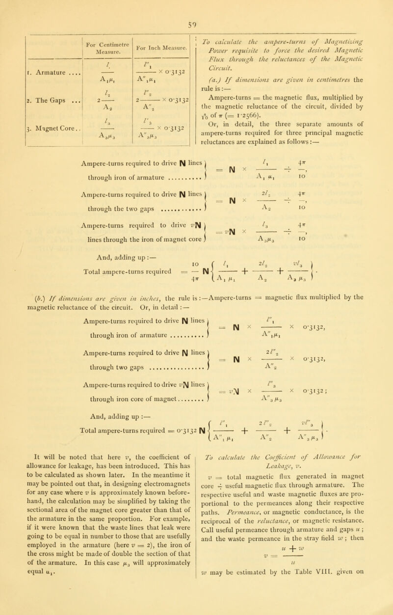 For Centimetre Measure. r. Armature .... 2. The Gaps ... 3. Magnet Core ,. / 2 A, I. ^sM; For Inch Measure. /, Ajw, X 03132 2 X 0-3132 A^ X 0-3132 ^3^; To calculate the ainpere-tur/is of Magnetizing Power requisite to force the desired Magnetic Flux through the reluctances of the Magnetic Circuit. (a.) If dimensions are given in centimetres the rule is:— Ampere-turns = the magnetic flux, multiplied by the magnetic reluctance of the circuit, divided by /gof7r(= 1-2566). Or, in detail, the three separate amounts of ampere-turns required for three prmcipal magnetic reluctances are explained as follows :— Ampere-turns required to drive N lines through iron of armature Ampere-turns required to drive N lines \ through the two gaps / Ampere-turns required to drive z'JM \ lines through the iron of magnet core ) = N X N X IM X I. 47r A, u. 10 2/, 47r A, 1 10 I. 47r A3M3 10 And, adding up : — 10 2/„ 7,'/., Total ampere-turns required = — N 47r A, ^j + A, + A3 A^a ) {h.) If dimensions are given in inches, the rule is :—Ampere-turns = magnetic flux multiplied by the magnetic reluctance of the circuit. Or, in detail : — Ampere-turns required to drive N lin^is through iron of armature Ampere-turns required to drive |^ lines through two gaps Ampere-turns required to drive z^J\| lines \ through iron core of magnet ; And, adding up :— Total ampere-turns required = 0-3132 |^ I I, r. A, N N X T^M X + A,A*] A'aAi; X 0-3132, X 0-3132, X 0-3132; 2 /„ A, vl. + A, It will be noted that here v, the coefficient of allowance for leakage, has been introduced. This has to be calculated as shown later. In the meantime it may be pointed out that, in designing electromagnets for any case where v is approximately known before- hand, the calculation may be simplified by taking the sectional area of the magnet core greater than that of the armature in the same proportion. For example, if it were known that the waste lines that leak were going to be equal in number to those that are usefully employed in the armature (here 2^ = 2), the iron of the cross might be made of double the section of that of the armature. In this case ^.^ will approximately equal u^. To calculate the Coejficient of Allotvattce for Leakage, v. V = total magnetic flux generated in magnet core >-f useful magnetic flux through armature. The respective useful and waste magnetic fluxes are pro- portional to the permeances along their respective paths. Permeance, or magnetic conductance, is the reciprocal of the reluctance, or magnetic resistance. Call useful permeance through armature and gaps u ; and the waste permeance in the stray field w ; then u •\- w V := a w may be estimated by the Table VIII. given on