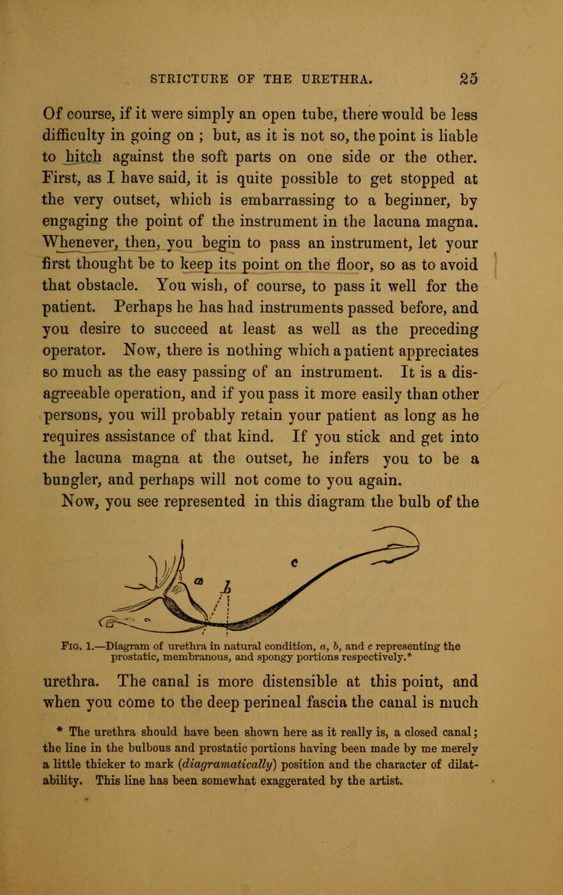 Of course, if it were simply an open tube, there would be less difficulty in going on ; but, as it is not so, the point is liable to hitch against the soft parts on one side or the other. First, as I have said, it is quite possible to get stopped at the very outset, which is embarrassing to a beginner, by engaging the point of the instrument in the lacuna magna. Whenever, then, you begin to pass an instrument, let your first thought be to keep its point on the floor, so as to avoid that obstacle. You wish, of course, to pass it well for the patient. Perhaps he has had instruments passed before, and you desire to succeed at least as well as the preceding operator. Now, there is nothing which a patient appreciates bo much as the easy passing of an instrument. It is a dis- agreeable operation, and if you pass it more easily than other persons, you will probably retain your patient as long as he requires assistance of that kind. If you stick and get into the lacuna magna at the outset, he infers you to be a bungler, and perhaps will not come to you again. Now, you see represented in this diagram the bulb of the Fig. 1.—Diagram of urethra in natural condition, a, b, and c representing the prostatic, membranous, and spongy portions respectively.* urethra. The canal is more distensible at this point, and when you come to the deep perineal fascia the canal is much * The urethra should have heen shown here as it really is, a closed canal; the line in the bulbous and prostatic portions having been made by me merely a little thicker to mark (diagramatically) position and the character of dilat- ability. This line has heen somewhat exaggerated by the artist.