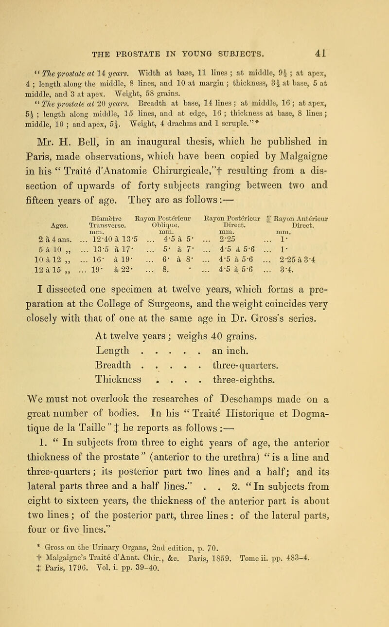 u TJie prostate at 14 years. Width at base, 11 lines; at middle, 9^ ; at apex, 4 ; length along the middle, 8 lines, and 10 at margin ; thickness, 3£ at base, 5 at middle, and 3 at apex. Weight, 58 grains.  The prostate at 20 years. Breadth at base, 14 lines ; at middle, 16; at apex, 5| ; length along middle, 15 lines, and at edge, 16 ; thickness at base, 8 lines; middle, 10 ; and apex, 5|. Weight, 4 drachms and 1 scruple.* Mr. H. Bell, in an inaugural thesis, which he published in Paris, made observations, which have been copied by Malgaigne in his  Traite d'Anatomie Chirurgicale,f resulting from a dis- section of upwards of forty subjects ranging between two and fifteen years of age. They are as follows:— Diametre Rayon Posterieur Rayon Posterieur £ Rayon Anteneur Ages. Transverse. Oblique. Direct. Direct, mm. mm. mm. mm. 2a4ans. ... 12'40 a 13'5 ... 4-5 a 5' ... 225 ... 1- 5al0„ ...13-5 a 17- ... 5- a 7 ... 4-5 A 5-6 ... 1- 10al2„ ...16- a 19- ... 6- a 8 ... 4'5 a 5-6 ... 2-25a3-4 12 a 15 „ ...19- a 22- ... 8. • ... 45 a 5'6 ... 34. I dissected one specimen at twelve years, which forms a pre- paration at the College of Surgeons, and the weight coincides very closely with that of one at the same age in Dr. Gross's series. At twelve years ; weighs 40 grains. Length an inch. Breadth three-quarters. Thickness .... three-eighths. We must not overlook the researches of Deschamps made on a great number of bodies. In his  Traite Historique et Dogma- tique de la Taille  % he reports as follows :— 1. In subjects from three to eight years of age, the anterior thickness of the prostate  (anterior to the urethra)  is a line and three-quarters; its posterior part two lines and a half; and its lateral parts three and a half lines. . . 2. In subjects from eight to sixteen years, the thickness of the anterior part is about two lines; of the posterior part, three lines : of the lateral parts, four or five lines. * Gross on the Urinary Organs, 2nd edition, p. 70. + Malgaigne's Traite d'Anat. Chir., &c. Paris, 1859. Tomeii. pp. 4S3-4. J Paris, 1796. Vol. i. pp. 39-40.