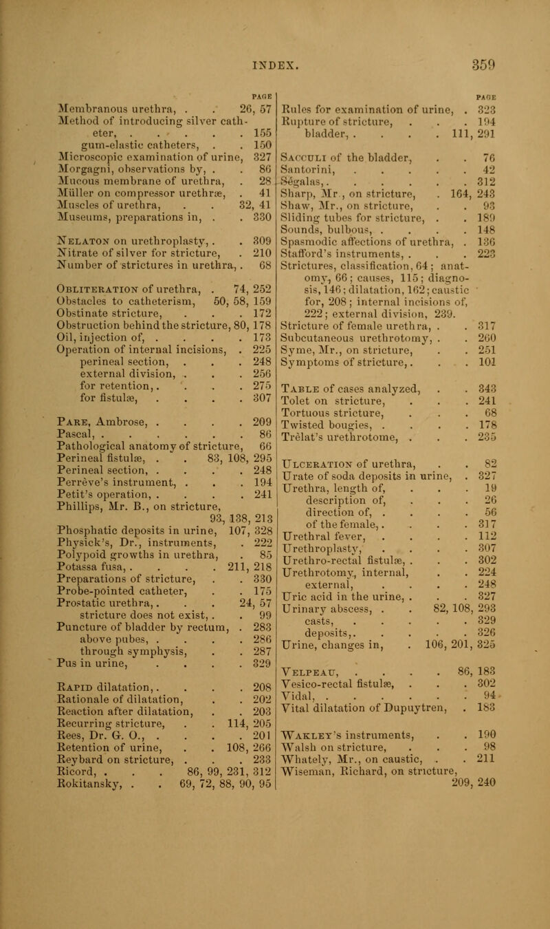 PAOE Membranous urethra, . . 26, 57 Method of introducing silver cath- eter, 155 guin-clastic catheters, . . K.n Microscopic examination of urine, 327 Morgagm, ohservations by, . . 86 Mucous membrane of urethra, . 28 Miiller on compressor urethras, . 41 Muscles of urethra, . . 32,41 Museums, preparations in, . . 330 Nelaton on urethroplasty, . . 309 Nitrate of silver for stricture, . 210 Number of strictures in urethra, . 68 Obliteration of urethra, . 74, 252 Obstacles to catheterism, 50, 58, 159 Obstinate stricture, . . . 172 Obstruction behind the stricture, 80, 178 Oil, injection of, . . . . 173 Operation of internal incisions, . 225 perineal section, . . . 248 external division, . . . 256 for retention,. . . . 275 for fistula?, .... 307 Pare, Ambrose, .... 209 Pascal, 86 Pathological anatomy of stricture, 66 Perineal fistulas, . . 83, 108, 295 Perineal section, .... 248 Perreve's instrument, . . . 194 Petit's operation, .... 241 Phillips, Mr. B., on stricture, 93, 138, 213 Phosphatic deposits in urine, 107, 328 Physick's, Dr., instruments, . 222 Polypoid growths in urethra, . 85 Potassa fusa, .... 211, 218 Preparations of stricture, . . 330 Probe-pointed catheter, . .175 Prostatic urethra,. . . 24, 57 stricture does not exist, . . 99 Puncture of bladder by rectum, . 283 above pubes, .... 286 through symphysis, . . 287 Pus in urine, .... 329 KAriD dilatation,. . . .208 Rationale of dilatation, . . 202 Reaction after dilatation, . . 203 Recurring stricture, . .114, 205 Rees, Dr. Gh O., . . . .201 Retention of urine, . . 108, 266 Reybard on stricture, . . . 233 PAOE Rules for examination of urine, . 323 Rupture of stricture, . . . 194 bladder, .... Ill, 291 Ricord, Rokitansky, 86, 99, 231, 312 69, 72, 88, 90, 95 Sacculi of the bladder, Santorini, ..... Segalas,. ..... Sharp, Mr., on stricture, . 164, Shaw, Mr., on stricture, Sliding tubes for stricture, . Sounds, bulbous, .... Spasmodic affections of urethra, . Stafford's instruments, . Strictures, classification, 64 ; anat- omy, 66; causes, 115; diagno- sis, 146; dilatation, 162; caustic for, 208 ; internal incisions of, 222; external division, 239. Stricture of female urethra, . Subcutaneous urethrotomy, . Syme, Mr., on stricture, Symptoms of stricture,. Table of cases analyzed, Tolet on stricture, Tortuous stricture, Twisted bougies, . Trelat's urethrotome, . Ulceration of urethra, Urate of soda deposits in urine. Urethra, length of, description of, direction of, . of the female,. Urethral fever, Urethroplasty, Urethro-rectal fistulse, . Urethrotomy, internal, external, Uric acid in the urine, . Urinary abscess, . . 82, 108 casts, .... deposits,. Urine, changes in, . 106, 201, 76 1^ 312 243 93 189 148 186 223 Velpeau, .... Vesico-rectal fistulas, Vidal, Vital dilatation of Dupuytren, Wakley's instruments, Walsh on stricture, Whately, Mr., on caustic, . Wiseman, Richard, on stricture, 317 260 251 101 343 241 68 178 235 82 327 19 26 56 317 112 307 302 224 248 327 293 329 326 325 183 302 94 ls3 190 98 211 209, 240