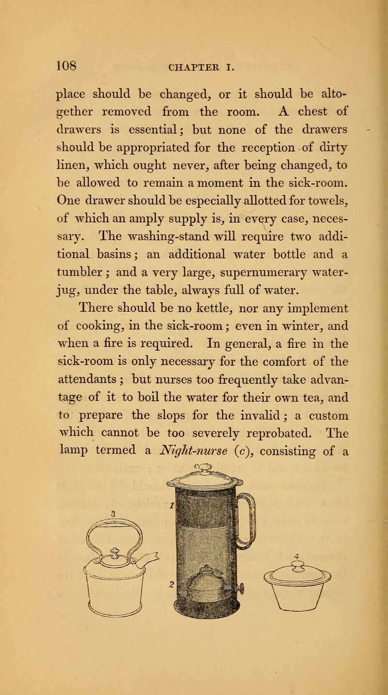 place should be changed, or it should be alto- gether removed from the room. A chest of drawers is essential; but none of the drawers should be appropriated for the reception of dirty linen, which ought never, after being changed, to be allowed to remain a moment in the sick-room. One drawer should be especially allotted for towels, of which an amply supply is, in every case, neces- sary. The washing-stand will require two addi- tional basins; an additional water bottle and a tumbler; and a very large, supernumerary water- jug, under the table, always full of water. There should be no kettle, nor any implement of cooking, in the sick-room; even in winter, and when a fire is required. In general, a fire in the sick-room is only necessary for the comfort of the attendants ; but nurses too frequently take advan- tage of it to boil the water for their own tea, and to prepare the slops for the invalid; a custom which cannot be too severely reprobated. The lamp termed a Night-nurse (c), consisting of a £>0