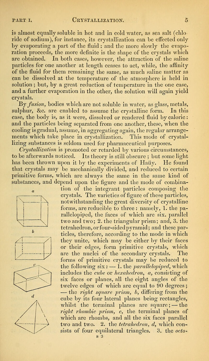 is almost equally soluble in hot and in cold water, as sea salt (clilo ride of sodium), for instance, its crystallization can be effected only by evaporating a part of the fluid; and thic more slowly the evapo- ration proceeds, the more definite is the shape of the crystals which are obtained. In both cases, however, the attraction of the saline particles for one another at length ceases to act, while, the affinity of the fluid for them remaining the same, as much saline matter as can be dissolved at the tempei'ature of the atmosphere is held in solution; but, by a great reduction of temperature in the one case, and a further evaporation in the other, the solution will again yield crystals. ^j fusion, bodies which are not soluble in water, as glass, metals, sulphur, &o. are enabled to assume the crystalline form. In this case, the body is, as it were, dissolved or rendered fluid by caloric: and the particles being separated from one another, these, when the cooling is gradual, assume, in aggregating again, the regular arrange- ments which take place in crystallization. This mode of crystal- lizing substances is seldom used for pharmaceutical purposes. Crystallization is promoted or retarded by various circumstances, to be afterwards noticed. Its theory is still obscure ; but some light has been thrown upon it by the experiments of Hatiy. He found that crystals may be mechanically divided, and reduced to certain primitive forms, which are always the same in the same kind of substances, and depend upon the figure and the mode of combina- ^ tion of the integrant particles composing the crystals. The varieties of figure of these particles, notwithstanding the great diversity of crystalline forms, are reducible to three : namely, 1. the pa- rallelopiped, the faces of which are six, parallel two and two; 2. the triangular prism; and, 3. the tetrahedron, or four-sided pyramid; and these par- ticles, therefore, according to the mode in which they unite, which may be either by their faces or their edges, form primitive crystals, wliich are the nuclei of the secondary crystals. The forms of primitive crystals may be reduced to the following six:—-1. the parallelopiped, which includes the cube or hexahedron, a, consisting of six faces or planes, all the eight angles of the twelve edges of which are equal to 90 degrees; — the right square prism, b, differing from the cube by its four lateral planes being rectangles, whilst the terminal planes are square; — the right rhombic prism, c, the terminal planes of which are rhombs, and all the six faces parallel two and two. 2. the tetrahedron, d, which con- sists of four equilateral triangles. 3. the octa^ \ \ 1 \ \