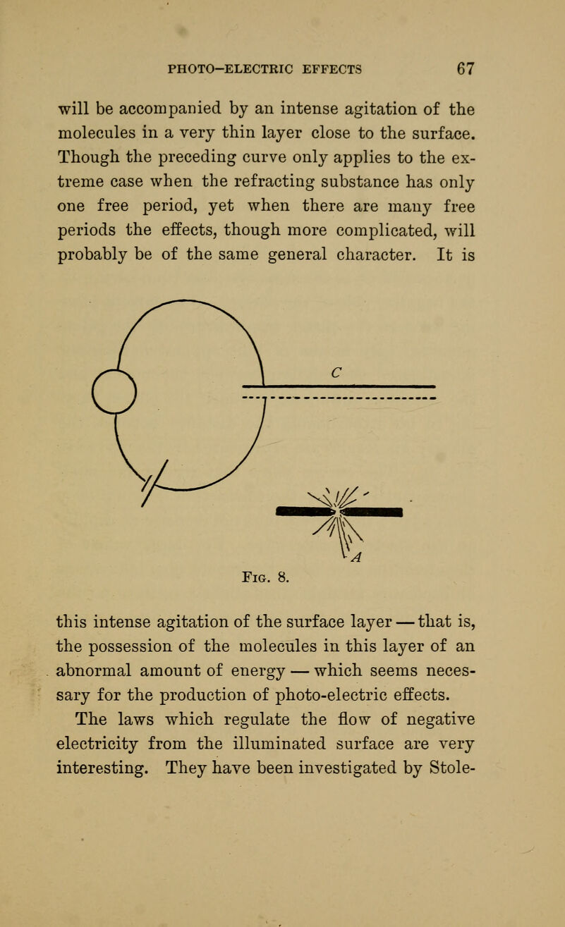 will be accompanied by an intense agitation of the molecules in a very thin layer close to the surface. Though the preceding curve only applies to the ex- treme case when the refracting substance has only one free period, yet when there are many free periods the effects, though more complicated, will probably be of the same general character. It is this intense agitation of the surface layer — that is, the possession of the molecules in this layer of an abnormal amount of energy — which seems neces- sary for the production of photo-electric effects. The laws which regulate the flow of negative electricity from the illuminated surface are very interesting. They have been investigated by Stole-