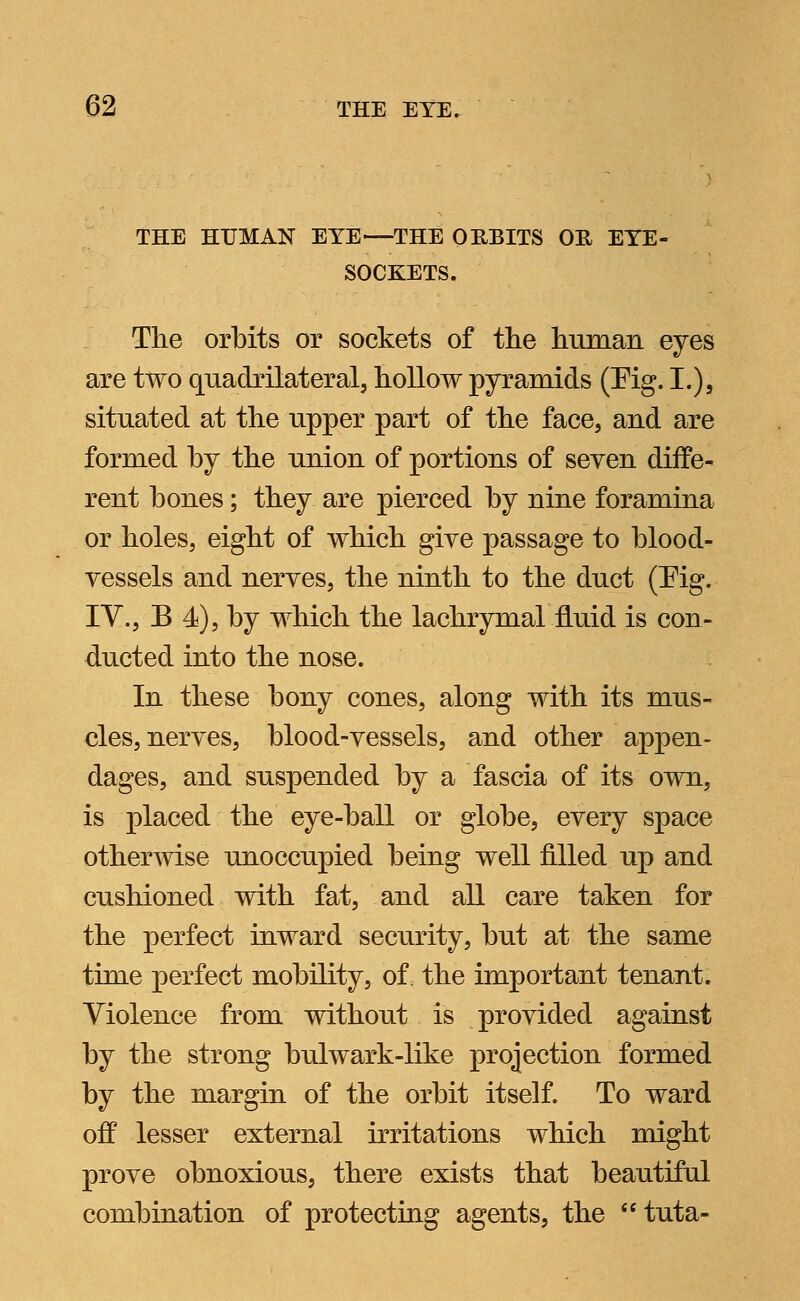 THE HUMAN EYE—THE ORBITS OR EYE- SOCKETS. The orbits or sockets of the human eyes are two quadrilateral, hollow pyramids (Fig. I.), situated at the upper part of the face, and are formed by the union of portions of seven diffe- rent bones; they are pierced by nine foramina or holes, eight of which give passage to blood- vessels and nerves, the ninth to the duct (Fig. IV., B 4), by which the lachrymal fluid is con- ducted into the nose. In these bony cones, along with its mus- cles, nerves, blood-vessels, and other appen- dages, and suspended by a fascia of its own, is placed the eye-ball or globe, every space otherwise unoccupied being well filled up and cushioned with fat, and all care taken for the perfect inward security, but at the same time perfect mobility, of. the important tenant. Violence from without is provided against by the strong bulwark-like projection formed by the margin of the orbit itself. To ward off lesser external irritations which might prove obnoxious, there exists that beautiful combination of protecting agents, the  tuta-