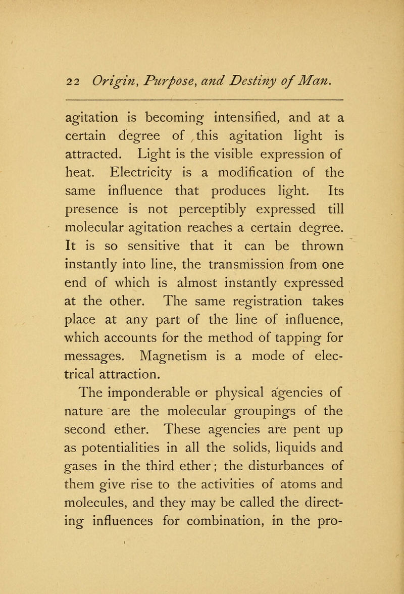 agitation is becoming intensified, and at a certain degree of this agitation light is attracted. Light is the visible expression of heat. Electricity is a modification of the same influence that produces light. Its presence is not perceptibly expressed till molecular agitation reaches a certain degree. It is so sensitive that it can be thrown instantly into line, the transmission from one end of which is almost instantly expressed at the other. The same registration takes place at any part of the line of influence, which accounts for the method of tapping for messages. Magnetism is a mode of elec- trical attraction. The imponderable or physical agencies of nature are the molecular groupings of the second ether. These agencies are pent up as potentialities in all the solids, liquids and gases in the third ether; the disturbances of them give rise to the activities of atoms and molecules, and they may be called the direct- ing influences for combination, in the pro-