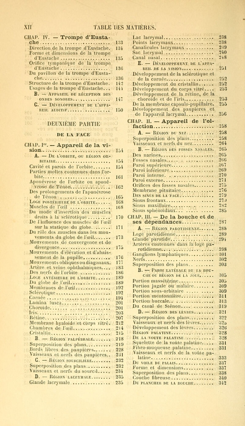 CHAP. IV. — Trompe d'Eusta- che 133 Direction de la trompe d'Eustache. 13i Forme et dimensions de la trompe d'Eustache 135 Orifice tympanique de la trompe d'Eustache . : 13G Du pavillon de la trompe d'Eusta- che 13G Structure de la trompe d'Eustache. 142 Usages de la trompe d'Eustache... 14 i B. — APPAREIL DE RÉCEPTION DES ONDES SONORES 147 C. — Développement de l'appa- reil AUDITIF 150 DEUXIÈME PARTIE DE LA FACE CHAP. I. — Appareil de la vi- sion 154 A. — De l'orbite, ou région or- BITAIRE 1 54 Cavité et parois de l'orbite 154 Parties molles contenues dans l'or- bite ICI Aponévrose de l'orbite ou aponé- vrose de Tenon 162 Des prolongements de l'aponévrose de Xénon 165 Loge postérieure de l'orbite 168 Muscles de l'œil 168 Du mode d'insertion des muscles droits à la sclérotique 170 De J'influence des muscles de l'œil sur la statique du globe. : 171 Du rôle des muscles dans les mou- vements du globe de l'œil 173 Mouvements de convergence et de divergence 175 Mouvements d'élévation et d'abais- sement de la pupille 176 Mouvements obliques ou diagonaux. 177 Artère et veine ophthalmiques.... 183 Des nerfs de l'orbite 186 Loge antérieure de l'orbite 189 Du globe de l'œil 189 Membranes de l'œil. 192 Sclérotique 192 Cornée 194 Lamina fusca 201 Choroïde 201 Iris 203 Rétine 207 Membrane hyaloïde et corps vitré. 21.2 Chambres de l'œil 214 Cristallin. 215 B. — RÉGION PALPÉBRALE 218 Superposition des plans 219 Bords libres des paupières 228 Vaisseaux et nerfs des paupières.. 231 C. — IlÉGlON SOURCILIÈRE 232 Superposition des plans 232 Vaisseaux et nerfs du sourcil 234 D. — RÉGION LACRYMALE 235 Glande lacrymale 235 Lac lacrymal Points lacrymaux Canalicules lacrymaux Sac lacrymal Canal nasal E. — DÉVELOPPEMENT DE l'aPPA- REIL DE LA VISION Développement de la sclérotique et de la cornée Développement du cristallin...... Développement du corps vitré.... Développement de la rétine, de la choroïde et de l'iris De la membrane capsulo-pupillaire. Développement des paupières et de l'appareil lacrymal CHAP. II. — Appareil de l'ol- faction A. — Région du nez Superposition des plans Vaisseaux et nerfs du nez B. — Région des fosses nasales. Des narines Fosses nasales Paroi supérieure Paroi inférieure. Paroi interne Paroi externe Orifices des fosses nasales Membrane pituitaire Des sinus de la face. Sinus frontaux Sinus maxillaire. Sinus sphénoïdaux CHAP. III. — De la bouche et de ses dépendances A. —Région parotidienne Loge parotidienne Glande parotide Artères contenues dans la loge pa- rotidienne. Ganglions lymphatiques Nerfs Superposition des plans B. — Paroi latérale de la bou- che ou région de la jouf. Portion massétérine Portion jugale ou malaire Portion sous-orbitaire Portion mentonnière Portion buccale Du canal de Siénon D. — Région des lèvres Superposition des plans Vaisseaux et nerfs des lèvres Développement des lèvres Région palatine De la voûte palatine Squelette de la voûte palatine Fibro-muqueuse palatine Vaisseaux et nerfs de la voûte pa- latine. Du VOILE DU palais Forme et dimensions ... Superposition des plans Couche fibreuse DU PLANCHER DE LA BOUCHE 238 238 239 240 251 252 252 253 253 255 256 258 258 258 264 265 265 266 267 269 270 271 275 276 279 27.) 2S2 285 287 28S 289 294 298 301 302 303 305 305 309 309 311 313 319 321 322 32s 326 328 328 331 331 333 337 337 338 340 342