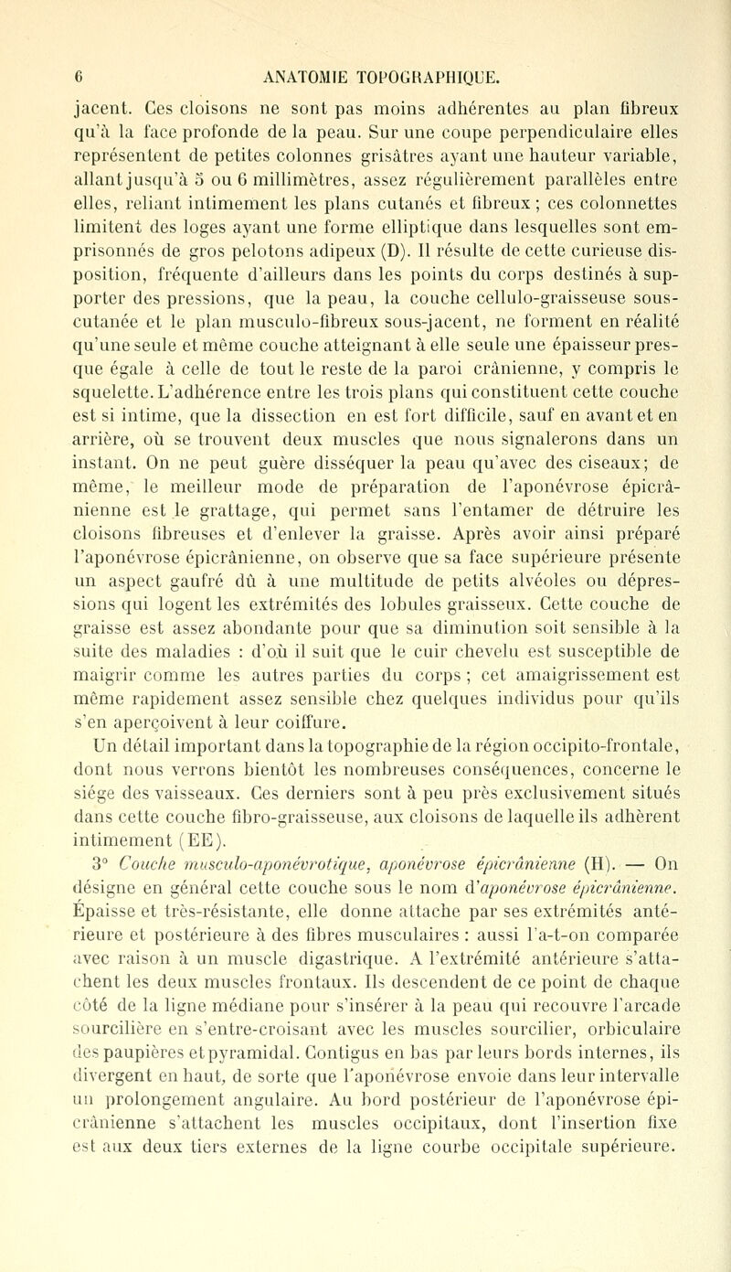 jacent. Ces cloisons ne sont pas moins adhérentes au plan fibreux qu'à la face profonde de la peau. Sur une coupe perpendiculaire elles représentent de petites colonnes grisâtres ayant une hauteur variable, allant jusqu'à 5 ou 6 millimètres, assez régulièrement parallèles entre elles, reliant intimement les plans cutanés et fibreux; ces colonnettes limitent des loges ayant une forme elliptique dans lesquelles sont em- prisonnés de gros pelotons adipeux (D). Il résulte de cette curieuse dis- position, fréquente d'ailleurs dans les points du corps destinés à sup- porter des pressions, que la peau, la couche cellulo-graisseuse sous- cutanée et le plan musculo-fibreux sous-jacent, ne forment en réalité qu'une seule et même couche atteignant à elle seule une épaisseur pres- que égale à celle de tout le reste de la paroi crânienne, y compris le squelette. L'adhérence entre les trois plans qui constituent cette couche est si intime, que la dissection en est fort difficile, sauf en avant et en arrière, où se trouvent deux muscles que nous signalerons dans un instant. On ne peut guère disséquer la peau qu'avec des ciseaux; de même, le meilleur mode de préparation de l'aponévrose épicrâ- nienne est le grattage, qui permet sans l'entamer de détruire les cloisons fibreuses et d'enlever la graisse. Après avoir ainsi préparé l'aponévrose épicrânienne, on observe que sa face supérieure présente un aspect gaufré dû à une multitude de petits alvéoles ou dépres- sions qui logent les extrémités des lobules graisseux. Cette couche de graisse est assez abondante pour que sa diminution soit sensible à la suite des maladies : d'où il suit que le cuir chevelu est susceptible de maigrir comme les autres parties du corps ; cet amaigrissement est même rapidement assez sensible chez quelques individus pour qu'ils s'en aperçoivent à leur coiffure. Un détail important dans la topographie de la région occipito-frontale, dont nous verrons bientôt les nombreuses conséquences, concerne le siège des vaisseaux. Ces derniers sont à peu près exclusivement situés dans cette couche fibro-graisseuse, aux cloisons de laquelle ils adhèrent intimement (EE). 3° Couche musculo-apo?iévrotique, aponévrose épicrânienne (H). — On désigne en général cette couche sous le nom d'aponévrose épicrânienne. Epaisse et très-résistante, elle donne attache par ses extrémités anté- rieure et postérieure à des fibres musculaires : aussi l'a-t-on comparée avec raison à un muscle digastrique. A l'extrémité antérieure s'atta- chent les deux muscles frontaux. Ils descendent de ce point de chaque côté de la ligne médiane pour s'insérer à la peau qui recouvre l'arcade sourcilière en s'entre-croisant avec les muscles sourcilier, orbiculaire des paupières et pyramidal. Contigus en bas par leurs bords internes, ils divergent en haut, de sorte que l'aponévrose envoie dans leur intervalle un prolongement angulaire. Au bord postérieur de l'aponévrose épi- crânienne s'attachent les muscles occipitaux, dont l'insertion fixe est aux deux tiers externes de la ligne courbe occipitale supérieure.