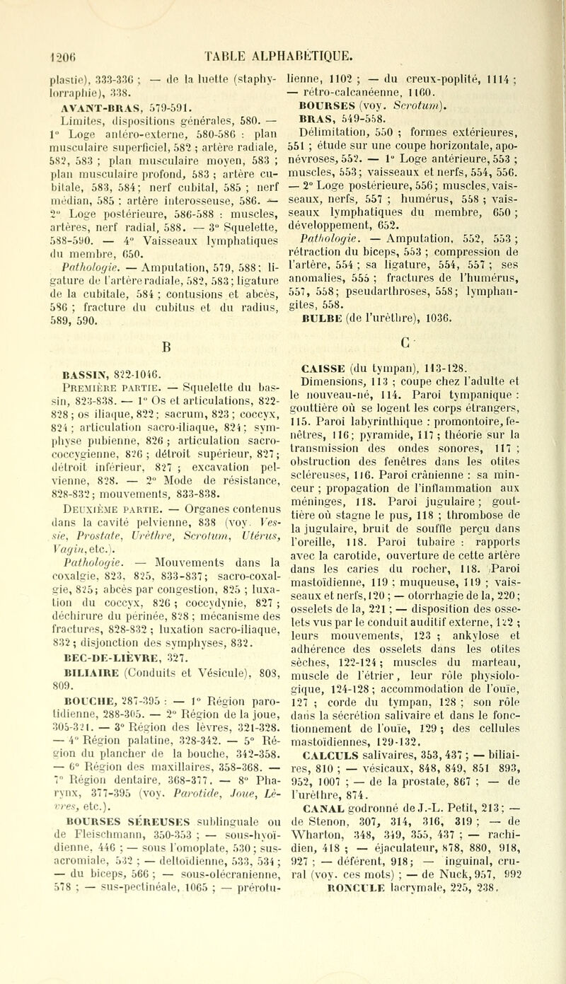 plastie), 333-336 ; — de la luette (staphy- îorrapnie), :ï-*i8. AVANT-BRAS, 579-591. Limites, dispositions générales, 580. — 1 Loge antéro-externe, 580-58G -. plan musculaire superficiel, 582 ; artère radiale, 582, 583 ; plan musculaire moyen, 583 ; plan musculaire profond, 583 ; artère cu- bilale, 583, 584; nerf cubital, 585; nerf médian, 585 : artère interosseuse, 586. — 2 Loge postérieure, 586-588 -. muscles, artères, nerf radial, 588. — 3° Squelette, 588-590. — 4 Vaisseaux lymphatiques du membre, 050. Pathologie. — Amputation, 579, 588; li- gature de l'artère radiale, 582, 583; ligature de la cubitale, 584 ; contusions et abcès, 586 ; fracture du cubitus et du radius, 589, 590. B BASSIN, 822-1046. Première partie. — Squelette du bas- sin, 823-838. — 1 Os et articulations, 822- 828; os iliaque, 822; sacrum, 823; coccyx, 824; articulation sacro-iliaque, 824; sym- physe pubienne, 826 ; articulation sacro- coccygienne, 826 ; détroit supérieur, 827 ; détroit inférieur, 827 ; excavation pel- vienne, 828. — 2° Mode de résistance, 828-832 ; mouvements, 833-838. Deuxième partie. — Organes contenus dans la cavité pelvienne, 838 (voy. Ves- sie, Prostate, Urèthre, Scrotum, Utérus, Vagin, etc.). Pathologie. — Mouvements dans la coxalgie, 823, 825, 833-837; sacro-coxal- gie, 825; abcès par congestion, 825 ; luxa- tion du coccyx, 826 ; coccydynie, 827 ; déchirure du périnée, 828 ; mécanisme des fractures, 828-832 ; luxation sacro-iliaque, 832; disjonction des symphyses, 832. BEC-DE-LIÈVRE, 327. BILIAIRE (Conduits et Vésicule), 803, 809. BOUCHE, 287-395 : — 1° Région paro- tidienne, 288-305. — 2° Région de la joue, 305-321. — 3° Région des lèvres, 321-328. — 4 Région palatine, 328-342. — 5° Ré- gion du plancher de la bouche, 342-358. — G° Région des maxillaires, 358-368. — 7° Région dentaire, 368-377. — 8° Pha- rynx, 377-395 (voy. Parotide, Joue, Lè- vres, etc.). bourses séreuses sublinguale ou de Fleischmann, 350-353 ; — sous-hyoï- dienne. 446 ; — sous l'omoplate, 530; sus- acromiale, 532 ; — deltoïdienne, 533, 534 ; — du biceps, 566 ; — sous-olécranienne, 578 ; — sus-pectinéale, 1065 ; — prérotu- lienne, 1102 ; — du creux-poplité, 1114; — rétro-calcanéenne, 1160. BOURSES (voy. Scrotum). BRAS, 549-558. Délimitation, 550 ; formes extérieures, 551 ; étude sur une coupe horizontale, apo- névroses, 552. — 1° Loge antérieure, 553 ; muscles, 553; vaisseaux et nerfs, 554, 556. — 2° Loge postérieure, 556; muscles, vais- seaux, nerfs, 557 ; humérus, 558 ; vais- seaux lymphatiques du membre, 650 ; développement, 652. Pathologie. — Amputation, 552, 553 ; rétraction du biceps, 553 ; compression de l'artère, 554 ; sa ligature, 554, 557 ; ses anomalies, 555 ; fractures de l'humérus, 557, 558; pseudarthroses, 558; lymphan- gites, 558. BULBE (de l'urètbre), 1036. CAISSE (du tympan), H3-128. Dimensions, 113 ; coupe chez l'adulte et le nouveau-né, 114. Paroi tympanique : gouttière où se logent les corps étrangers, 115. Paroi labyrinthique : promontoire, fe- nêtres, 116; pyramide, 117; théorie sur la transmission des ondes sonores, 117 ; obstruction des fenêtres dans les otites scléreuses, 116. Paroi crânienne : sa min- ceur ; propagation de l'inflammation aux méninges, 118. Paroi jugulaire; gout- tière où stagne le pus, 118 ; thrombose de la jugulaire, bruit de souffle perçu dans l'oreille, 118. Paroi tubaire : rapports avec la carotide, ouverture de cette artère dans les caries du rocher, 118. /Paroi mastoïdienne, 119 ; muqueuse, 119 ; vais- seaux et nerfs, 120 ; — otorrhagie de la, 220 ; osselets de la, 221 ; — disposition des osse- lets vus par le conduit auditif externe, 122 ; leurs mouvements, 123 ; ankylose et adhérence des osselets dans les otites sèches, 122-124 ; muscles du marteau, muscle de Létrier, leur rôle physiolo- gique, 124-128; accommodation de l'ouïe, 127 ; corde du tympan, 128 ; son rôle daiis la sécrétion salivaire et dans le fonc- tionnement de l'ouïe, 129; des cellules mastoïdiennes, 129-132. CALCULS salivaires, 353, 437 ; — biliai- res, 810 ; — vésicaux, 848, 849, 851 893, 952, 1007 ; — de la prostate, 867 ; — de l'urèthre, 874. CANAL godronné de J.-L. Petit, 213; — de Stenon, 307, 314, 316, 319 ; — de Wharton, 348, 349, 355, 437 ; — rachi- dien, 418 ; — éjaculateur, 878, 880, 918, 927 ; — déférent, 918; — inguinal, cru- ral (voy. ces mots) ; — de Nuck, 957, 992 RONCULE lacrymale, 225, 238,