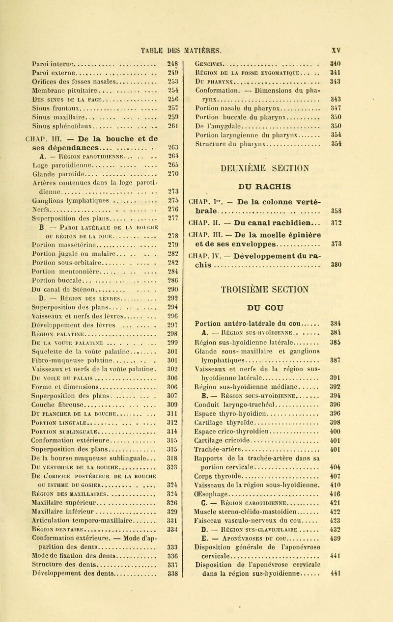 Paroi interne 248 Paroi externe 249 Orifices des fosses nasales ,. 253 Membrane pituitaire 254 Des sinus de la face. 256 Sinus frontaux « 257 Sinus maxillaire 259 Sinus sphénoïdaux 261 CHAP. III. — De la bouche et de ses dépendances 263 A. — Région parotidienne. .... .. 264 Loge parotidienne 265 Glande parotide 270 Artères contenues dans la loge paroti- dienne 273 Ganglions lymphatiques .... 275 Nerfs 276 Superposition des pians 277 B. — Paroi latérale de la dovche OU RÉGION DE LA JOUE 278 Portion massetérine 279 Portion jugale ou malaire 282 Portion sous-orbitaire 282 Portion mentonnière 284 Portion buccale 286 Du canal de Sténon 290 D. — RÉGION DES LÈVRES 292 Superposition des plans 294 Vaisseaux et nerfs des lèvres 296 Développement des lèvres 297 Région palatine 298 De la voûte palatine ... 299 Squelette de la voûte palatine 301 Fibro-muqueuse palatine 301 Vaisseaux et nerfs de la voûte palatine. 302 DU VOILE DU PALAIS 306 Forme et dimensions 306 Superposition des plans 307 Couche fibreuse 309 du plancher de la bouche 311 Portion linguale 312 Portion sublinguale 314 Conformation extérieure 315 Superposition dos plans 315 De la bourse muqueuse sublinguale... 318 Du vestibule de la bouche 323 De l'orifice postérieur de la bouche ou isthme du gosier 324 région des maxillaires 324 Maxillaire supérieur 326 Maxillaire inférieur 329 Articulation temporo-maxillaire 331 RÉGION DENTAIRE 333 Conformation extérieure. — Mode d'ap- parition des dents 333 Mode de fixation des dents 336 Structure des dents 337 Développement des dents 338 Gencives , 340 région de la fosse zygomatique. . . . .. 341 Du PHARYNX 343 Conformation. — Dimensions du pha- rynx 343 Portion nasale du pharynx 347 Portion buccale du pharynx 350 De l'amygdale 350 Portion laryngienne du pharynx 354 Structure du pliaiynx 354 DEUXIÈME SECTION CHAP. I. brale.. DU HACHIS De la colonne verté- CHAP. II. — Du canal rachidien... CHAP. III. — De la moelle épiniére et de ses enveloppes CHAP. IV. — Développement du ra- chis 353 372 373 380 TROISIÈME SECTION DU COU Portion antéro-latérale du cou A. — RÉGION SUS-HYOÏDIENNE Région sus-hyoïdienne latérale Glande sous- maxillaire et ganglions lymphatiques Vaisseaux et nerfs de la région sus- hyoïdienne latérale Région sus-hyoïdienne médiane B. — RÉGION SOUS-HYOÏDIENNE Conduit laryngo-trachéal Espace thyro-hyoïdien Cartilage thyroïde Espace crico-thyroïdien Cartilage cricoïde Trachée-artère Rapports de la trachée-artère dans sa portion cervicale Corps thyroïde Vaisseaux de la région sous-hyoïdienne. OEsophage G. — RÉGION CAROTIDIENNE Muscle sterno-cléido-mastoïdien Faisceau vasculo-nerveux du cou D. — RÉGION SUS-CLAVICULAIRE E. — Aponévroses du cou Disposition générale de l'aponévrose cervicale Disposition de l'aponévrose cervicale dans la région sus-hyoïdienne 384 384 385 387 391 392 394 396 396 398 400 401 401 404 407 410 416 421 422 423 432 439 441 441