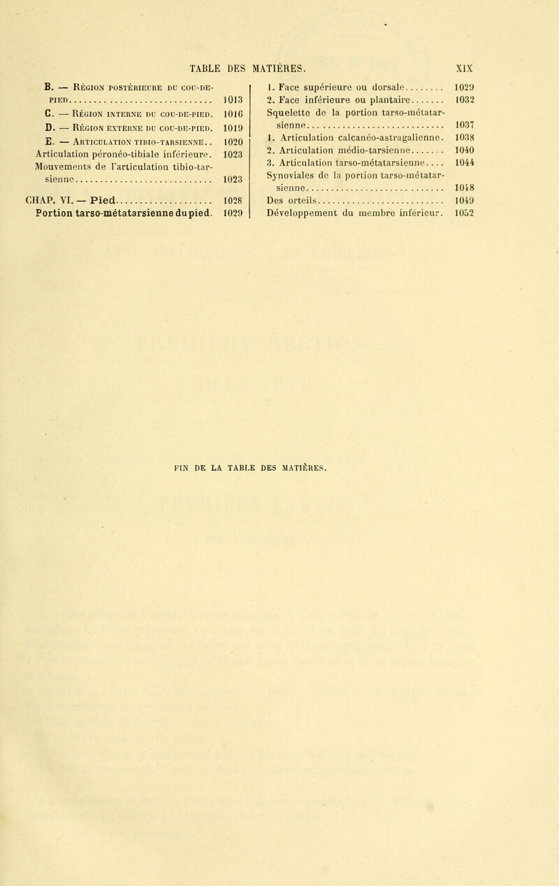 B. — RÉGION POSTÉRIEURE DU COU-DE- PIED 1013 C. — Région interne du cou-de-pied. 1016 D. — RÉGION EXTERNE DU COU-DE-PIED. 1019 E. —Articulation tirio-tarsienne. . 1020 Articulation péronéo-tibiale inférieure. 1023 Mouvements de l'articulation tibio-tar- sienne 1023 CHAP. VI. — Pied 1028 Portion tarso-métatarsienne du pied. 1029 !.. Face supérieure ou dorsale 1029 2. Face inférieure ou plantaire 1032 Squelette de la portion tarso-métatar- sienne 1037 1. Articulation calcanéo-astragalienne. 1038 2. Articulation médio-tarsienne 1040 3. Articulation tarso-métatarsienne 1044 Synoviales de la portion tarso-métatar- sienne 1048 Des orteils 1049 Développement du membre inférieur. 1052 FIN DE LA TABLE DES MATIÈRES.