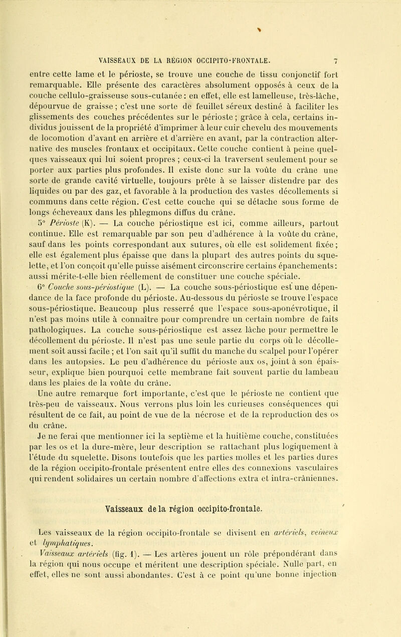 entre cette lame et le périoste, se trouve une couche de tissu conjonctif fort remarquable. Elle présente des caractères absolument opposés à ceux de la couche cellulo-graisseuse sous-cutanée : en effet, elle est lamelleuse, très-lâche, dépourvue de graisse ; c'est une sorte de feuillet séreux destiné à faciliter les glissements des couches précédentes sur le périoste ; grâce à cela, certains in- dividus jouissent de la propriété d'imprimer à leur cuir chevelu des mouvements de locomotion d'avant en arrière et d'arrière en avant, par la contraction alter- native des muscles frontaux et occipitaux. Cette couche contient à peine quel- ques vaisseaux qui lui soient propres ; ceux-ci la traversent seulement pour se porter aux parties plus profondes. Il existe donc sur la voûte du crâne une sorte de grande cavité virtuelle, toujours prête à se laisser distendre par des liquides ou par des gaz, et favorable à la production des vastes décollements si communs dans cette région. C'est cette couche qui se détache sous forme de longs écheveaux dans les phlegmons diffus du crâne. 5° Périoste (K). — La couche périostique est ici, comme ailleurs, partout continue. Elle est remarquable par son peu d'adhérence à la voûte du crâne, sauf dans les points correspondant aux sutures, où elle est solidement fixée ; elle est également plus épaisse que dans la plupart des autres points du sque- lette, et l'on conçoit qu'elle puisse aisément circonscrire certains épanchements: aussi mérite-t-elle bien réellement de constituer une couche spéciale. 6° Couche sous-périostique (L). — La couche sous-périostique est une dépen- dance de la face profonde du périoste. Au-dessous du périoste se trouve l'espace sous-périostique. Beaucoup plus resserré que l'espace sous-aponévrotique, il n'est pas moins utile à connaître pour comprendre un certain nombre de faits pathologiques. La couche sous-périostique est assez lâche pour permettre le décollement du périoste. Il n'est pas une seule partie du corps où le décolle- ment soit aussi facile ; et l'on sait qu'il suffit du manche du scalpel pour l'opérer dans les autopsies. Le peu d'adhérence du périoste aux os, joint à son épais- seur, explique bien pourquoi cette membrane fait souvent partie du lambeau dans les plaies de la voûte du crâne. Une autre remarque fort importante, c'est que le périoste ne contient que très-peu de vaisseaux. Nous verrons plus loin les curieuses conséquences qui résultent de ce fait, au point de vue de la nécrose et de la reproduction des os du crâne. Je ne ferai que mentionner ici la septième et la huitième couche, constituées par les os et la dure-mère, leur description se rattachant plus logiquement à l'étude du squelette. Disons toutefois que les parties molles et les parties dures de la région occipito-frontale présentent entre elles des connexions vasculaires qui rendent solidaires un certain nombre d'affections extra et intra-crâniennes. Vaisseaux de la région occipito-frontale. Les vaisseaux de la région occipito-frontale se divisent en artériels, veineux et lymphatiques. Vaisseaux artériels (fig. 1). —Les artères jouent un rôle prépondérant dans la région qui nous occupe et méritent une description spéciale. Nulle part, en effet, elles ne sont aussi abondantes. C'est à ce point qu'une bonne injection