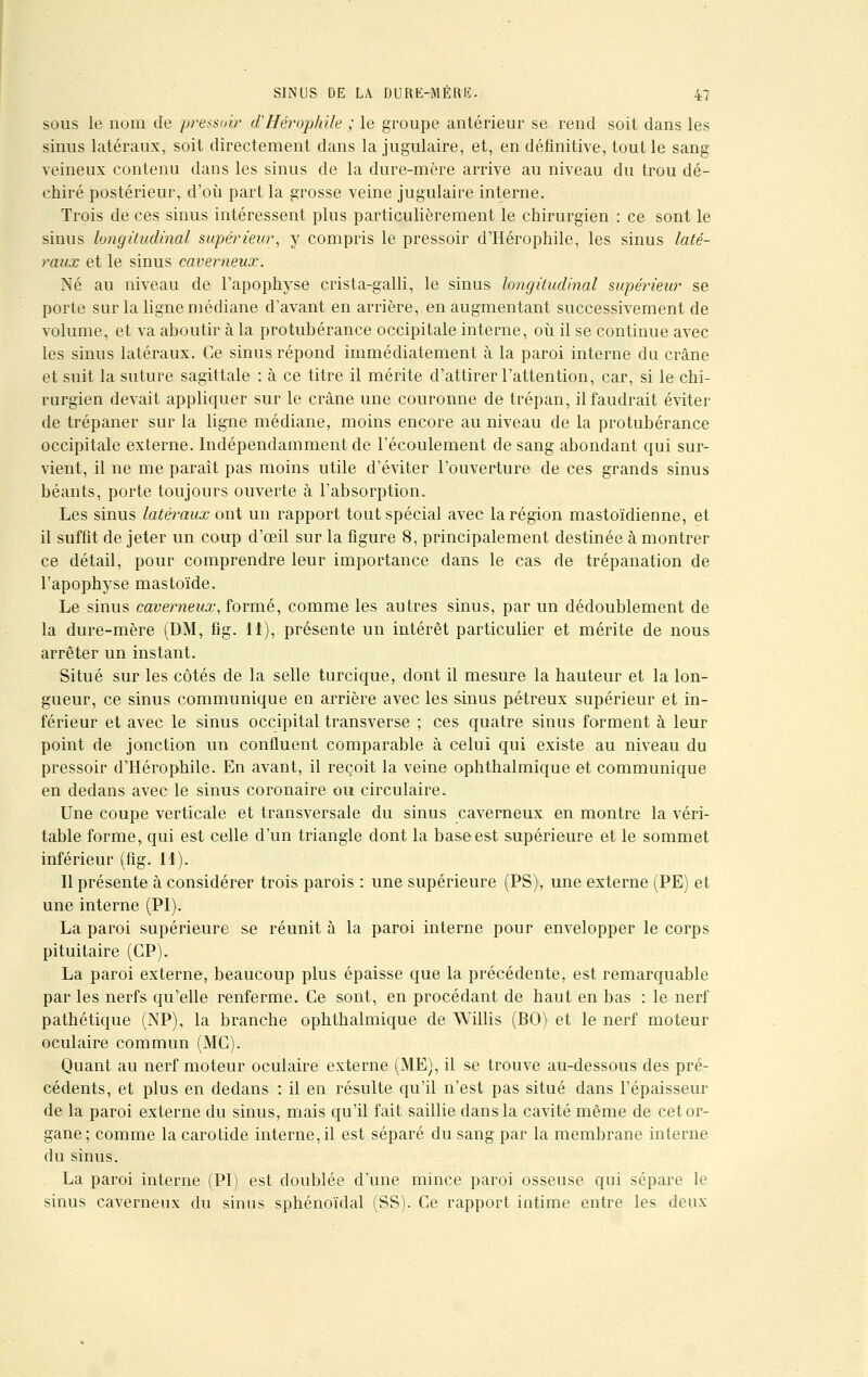 sous le nom de pressoir (THérophile ; le groupe antérieur se rend soit dans les sinus latéraux, soit directement dans la jugulaire, et, en définitive, tout le sang veineux contenu dans les sinus de la dure-mère arrive au niveau du trou dé- chiré postérieur, d'où part la grosse veine jugulaire interne. Trois de ces sinus intéressent plus particulièrement le chirurgien : ce sont le sinus longitudinal supérieur, y compris le pressoir d'Hérophile, les sinus laté- raux et le sinus caverneux. Né au niveau de l'apophyse crista-galli, le sinus longitudinal supérieur se porte sur la ligne médiane d'avant en arrière, en augmentant successivement de volume, et va aboutir à la protubérance occipitale interne, où il se continue avec les sinus latéraux. Ce sinus répond immédiatement à la paroi interne du crâne et suit la suture sagittale : à ce titre il mérite d'attirer l'attention, car, si le chi- rurgien devait appliquer sur le crâne une couronne de trépan, il faudrait éviter de trépaner sur la ligne médiane, moins encore au niveau de la protubérance occipitale externe. Indépendamment de l'écoulement de sang abondant qui sur- vient, il ne me paraît pas moins utile d'éviter l'ouverture de ces grands sinus béants, porte toujours ouverte à l'absorption. Les sinus latéi'aux ont un rapport tout spécial avec la région mastoïdienne, et il suffit de jeter un coup d'œil sur la figure 8, principalement destinée à montrer ce détail, pour comprendre leur importance dans le cas de trépanation de l'apophyse mastoïde. Le sinus caverneux, formé, comme les autres sinus, par un dédoublement de la dure-mère (DM, fig. 11), présente un intérêt particulier et mérite de nous arrêter un instant. Situé sur les côtés de la selle turcique, dont il mesure la hauteur et la lon- gueur, ce sinus communique en arrière avec les sinus pétreux supérieur et in- férieur et avec le sinus occipital transverse ; ces quatre sinus forment à leur point de jonction un confluent comparable à celui qui existe au niveau du pressoir d'Hérophile. En avant, il reçoit la veine ophthalmique et communique en dedans avec le sinus coronaire ou circulaire. Une coupe verticale et transversale du sinus caverneux en montre la véri- table forme, qui est celle d'un triangle dont la base est supérieure et le sommet inférieur (fig. 11). Il présente à considérer trois parois : une supérieure (PS), une externe (PE) et une interne (PI). La paroi supérieure se réunit à la paroi interne pour envelopper le corps pituitaire (CP). La paroi externe, beaucoup plus épaisse que la précédente, est remarquable par les nerfs qu'elle renferme. Ce sont, en procédant de haut en bas : le nerf pathétique (NP), la branche ophthalmique de Willis (BO) et le nerf moteur oculaire commun (MC). Quant au nerf moteur oculaire externe (ME), il se trouve au-dessous des pré- cédents, et plus en dedans : il en résulte qu'il n'est pas situé dans l'épaisseur de la paroi externe du sinus, mais qu'il fait saillie dans la cavité même de cet or- gane; comme la carotide interne, il est séparé du sang par la membrane interne du sinus. La paroi interne (PI) est doublée d'une mince paroi osseuse qui sépare le sinus caverneux du sinus sphénoïdal (SS). Ce rapport intime entre les deux