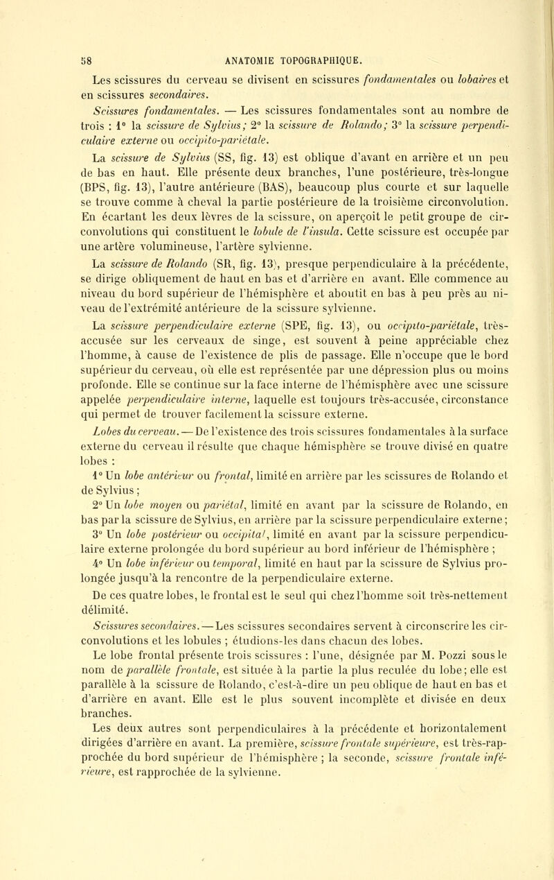 Les scissures du cerveau se divisent en scissures fondamentales ou lobaires et en scissures secondâmes. Scissures fondamentales. — Les scissures fondamentales sont au nombre de trois : 1° la scissure de Sylvius; 2° la scissure de Rolando; 3° la scissure perpendi- culaire externe ou occipito-pariétale. La scissure de Sylvius (SS, fig. 13) est oblique d'avant en arrière et un peu de bas en baut. Elle présente deux branches, l'une postérieure, très-longue (BPS, fig. 13), l'autre antérieure (BAS), beaucoup plus courte et sur laquelle se trouve comme à cheval la partie postérieure de la troisième circonvolution. En écartant les deux lèvres de la scissure, on aperçoit le petit groupe de cir- convolutions qui constituent le lobule de l'insula. Cette scissure est occupée par une artère volumineuse, l'artère sylvienne. La scissure de Rolando (SR, fig. 13), presque perpendiculaire à la précédente, se dirige obliquement de haut en bas et d'arrière en avant. Elle commence au niveau du bord supérieur de l'hémisphère et aboutit en bas à peu près au ni- veau de l'extrémité antérieure de la scissure sylvienne. La scissure perpendiculaire externe (SPE, fig. 13), ou occipito-pariétale, très- accusée sur les cerveaux de singe, est souvent à peine appréciable chez l'homme, à cause de l'existence de plis de passage. Elle n'occupe que le bord supérieur du cerveau, où elle est représentée par une dépression plus ou moins profonde. Elle se continue sur la face interne de l'hémisphère avec une scissure appelée perpendiculaire interne, laquelle est toujours très-accusée, circonstance qui permet de trouver facilement la scissure externe. Lobes du cerveau. — De l'existence des trois scissures fondamentales à la surface externe du cerveau il résulte que chaque hémisphère se trouve divisé en quatre lobes : 1° Un lobe antérieur ou frontal, limité en arrière par les scissures de Rolando et de Sylvius ; 2° Un lobe moyen ou pariétal, limité en avant par la scissure de Rolando, en bas par la scissure de Sylvius, en arrière par la scissure perpendiculaire externe ; 3° Un lobe postérieur ou occipital, limité en avant par la scissure perpendicu- laire externe prolongée du bord supérieur au bord inférieur de l'hémisphère ; 4° Un lobe inférieur ou temporal, limité en haut par la scissure de Sylvius pro- longée jusqu'à la rencontre de la perpendiculaire externe. De ces quatre lobes, le frontal est le seul qui chez l'homme soit très-nettement délimité. Scissures secondaires. — Les scissures secondaires servent à circonscrire les cir- convolutions et les lobules ; étudions-les dans chacun des lobes. Le lobe frontal présente trois scissures : l'une, désignée par M. Pozzi sous le nom de parallèle frontale, est située à la partie la plus reculée du lobe; elle est parallèle à la scissure de Rolando, c'est-à-dire un peu oblique de haut en bas et d'arrière en avant. Elle est le plus souvent incomplète et divisée en deux branches. Les deux autres sont perpendiculaires à la précédente et horizontalement dirigées d'arrière en avant. La première, scissure frontale supérieure, est très-rap- prochée du bord supérieur de l'hémisphère ; la seconde, scissure frontale infé- rieure, est rapprochée de la sylvienne.