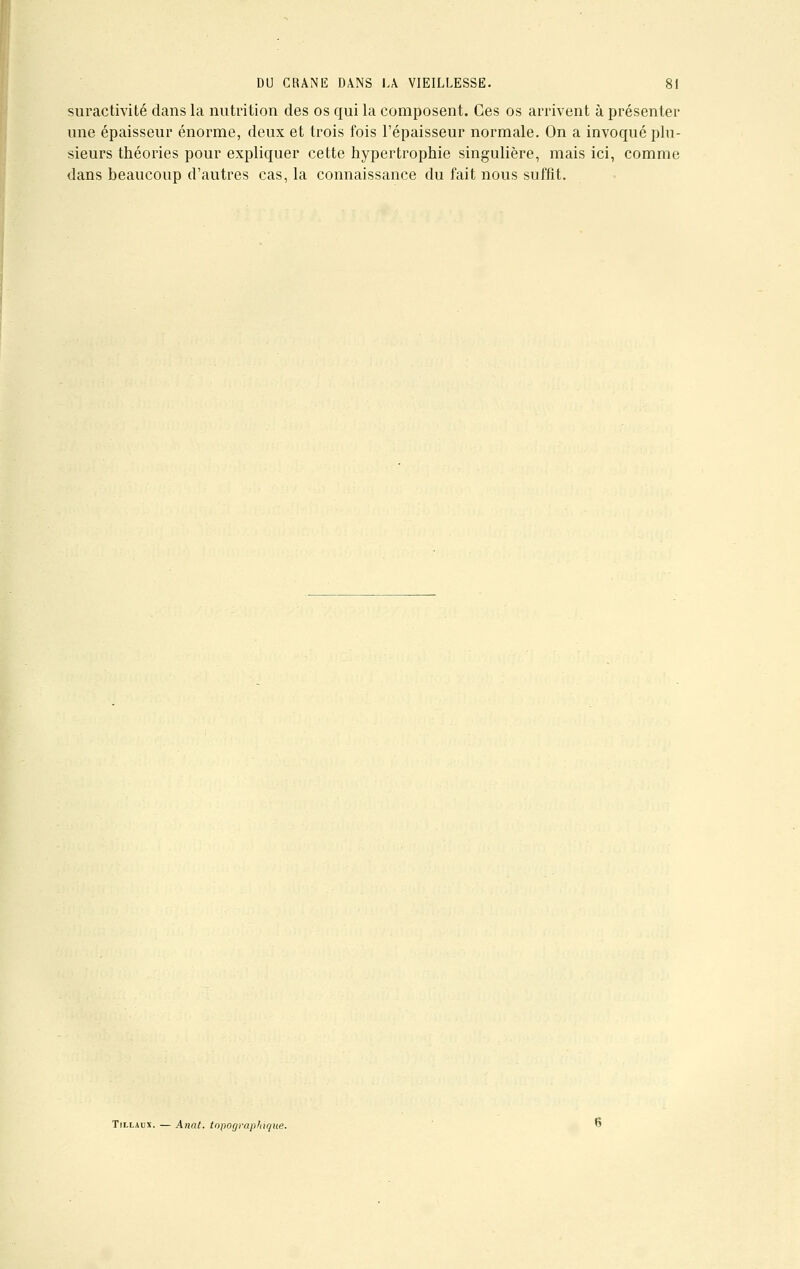 suractivité dans la nutrition des os qui la composent. Ces os arrivent à présenter une épaisseur énorme, deux et trois fois l'épaisseur normale. On a invoqué pln- sieurs théories pour expliquer cette hypertrophie singulière, mais ici, comme dans beaucoup d'autres cas, la connaissance du fait nous suffît. Tillaux. — Anat. topograpfiique.