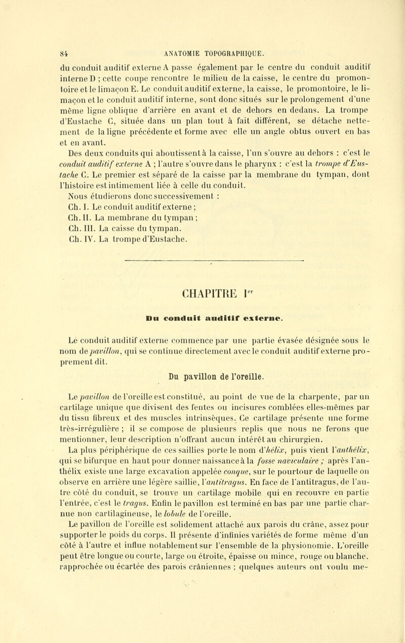 du conduit auditif externe A passe également par le centre du conduit auditif interne D ; cette coupe rencontre le milieu de la caisse, le centre du promon- toire et le limaçon E. Le conduit auditif externe, la caisse, le promontoire, le li- maçon et le conduit auditif interne, sont donc situés sur le prolongement d'une même ligne oblique d'arrière en avant et de dehors en dedans. La trompe d'Eustache G, située dans un plan tout à fait différent, se détache nette- ment de la ligne précédente et forme avec elle un angle obtus ouvert en bas et en avant. Des deux conduits qui aboutissent à la caisse, l'un s'ouvre au dehors : c'est le conduit auditif externe A ; l'autre s'ouvre dans le pharynx : c'est la trompe d'Eus- tache G. Le premier est séparé de la caisse par la membrane du tympan, dont l'histoire est intimement liée à celle du conduit. Nous étudierons donc successivement : Ch. I. Le conduit auditif externe ; Ch. IL La membrane du tympan ; Ch. III. La caisse du tympan. Ch.IV. La trompe d'Eustache. CHAPITRE 1er Du conduit auditif externe. Le conduit auditif externe commence par une partie évasée désignée sous le nom de pavillon, qui se continue directement avec le conduit auditif externe pro- prement dit. Du pavillon de l'oreille. Le pavillon de l'oreille est constitué, au point de vue de la charpente, par un cartilage unique que divisent des fentes ou incisures comblées elles-mêmes par du tissu fibreux et des muscles intrinsèques. Ce cartilage présente une forme très-irrégulière ; il se compose de plusieurs replis que nous ne ferons que mentionner, leur description n'offrant aucun intérêt au chirurgien. La plus périphérique de ces saillies porte le nom d'hélix, puis vient Yanthélix, qui se bifurque en haut pour donner naissance à la fosse naviculaire ; après l'an- thélix existe une large excavation appelée conque, sur le pourtour de laquelle on observe en arrière une légère saillie, Yantitragus. En face de l'antitragus, de l'au- tre côté du conduit, se trouve un cartilage mobile qui en recouvre en partie l'entrée, c'est le tragus. Enfin le pavillon est terminé en bas par une partie char- nue non cartilagineuse, le lobule de l'oreille. Le pavillon de l'oreille est solidement attaché aux parois du crâne, assez pour supporter le poids du corps. Il présente d'infinies variétés de forme même d'un côté à l'autre et influe notablement sur l'ensemble de la physionomie. L'oreille peut être longue ou courte, large ou étroite, épaisse ou mince, rouge ou blanche, rapprochée ou écartée des parois crâniennes ; quelques auteurs ont voulu me-