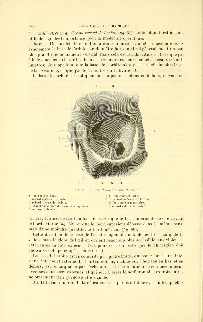 à 15 millimètres en arrière du rebord de Vorbite (fig. 61), notion dont il est à peine utile de signaler l'importance pour la médecine opératoire. Base. — Un quadrilatère dont on aurait émoussé les angles représente assez exactement la base de l'orbite. Le diamètre horizontal est généralement un peu plus grand que le diamètre vertical, mais cela estvariable. Ainsi la base que j'ai fait dessiner ici au hasard se trouve présenter ses deux diamètres égaux (35 mil- limètres). Je rappellerai que la base de l'orbite n'est pas la partie la plus large de la pyramide, ce que j'ai déjà montré sur la figure 60. La base de 1 orbite est obliquement coupée de dedans en dehors, d'avant en Fig. 63. — Base de l'orbite vue de face. A, fente sphénoïdale. B, rebord supérieur de l'orbite. C, rebord interne de l'orbite. D, branche montante du maxillaire supérieur, E, os propre du nez. F, Irou sous-orbilaire. G, rebord inférieur de l'orbite. H, fente sphéno-maxillaire. I, rebord externe de l'orbite. arrière, et aussi de haut en bas, en sorte que le bord interne dépasse en avant le bord externe (fig. 62), et que le bord supérieur dépasse dans le même sens, mais d'une moindre quantité, le bord inférieur (fig. 60). Cette direction de la base de l'orbite augmente notablement le champ de la vision, mais le globe de l'œil en devient beaucoup plus accessible aux violences extérieures du côté externe. C'est pour cela du reste que le chirurgien doit choisir ce côté pour opérer la cataracte. La base de l'orbite est circonscrite par quatre bords, qui sont : supérieur, infé- rieur, interne et externe. Le bord supérieur, incliné sur l'horizon en bas et en dehors, est remarquable par l'échancrure située à l'union de son tiers interne avec ses deux tiers externes et qui sert à loger le nerf frontal. Les trois autres ne présentent rien qui doive être signalé. J'ai fait remarquer toute la délicatesse des parois orbitaires, réduites qu'elles