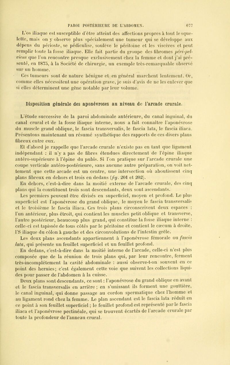 L'os iliaque est susceptible d'être atteint des affections propres à tout le sque- lette, mais on y observe plus spécialement une tumeur qui se développe aux dépens du périoste, se pédiculise, soulève le péritoine et les viscères et peut remplir toute la fosse iliaque. Elle fait partie du groupe des fibromes péri-pel- viens que l'on rencontre presque exclusivement chez la femme et dont j'ai pré- senté, en 1875, à la Société de chirurgie, un exemple très-remarquable observé sur un homme. Ces tumeurs sont de nature bénigne et en général marchent lentement. Or, comme elles nécessitent une opération grave, je suis d'avis de ne les enlever que si elles déterminent une gêne notable parleur volume. Disposition générale des aponévroses au niveau de l'arcade crurale. L'étude successive de la paroi abdominale antérieure, du canal inguinal, du canal crural et de la fosse iliaque interne, nous a fait connaître l'aponévrose du muscle grand oblique, le fascia transversalis, le fascia lata, le fascia iliaca. Présentons maintenant un résumé synthétique des rapports de ces divers plans fibreux entre eux. Et d'abord je rappelle que l'arcade crurale n'existe pas en tant que ligament indépendant : il n'y a pas de fibres étendues directement de l'épine iliaque antéro-supérieure à l'épine du pubis. Si l'on pratique sur l'arcade crurale une coupe verticale antéro-postérieure, sans aucune autre préparation, on voit net- tement que cette arcade est un centre, une intersection où aboutissent cinq plans fibreux en dehors et trois en dedans (fig. 201 et 202). En dehors, c'est-à-dire dans la moitié externe de l'arcade crurale, des cinq plans qui la constituent trois sont descendants, deux sont ascendants. Les premiers peuvent être divisés en superficiel, moyen et profond. Le plus superficiel est l'aponévrose du grand oblique, le moyen le fascia transversal!s et le troisième le fascia iliaca. Ces trois plans circonscrivent deux espaces : l'un antérieur, plus étroit, qui contient les muscles petit oblique et transverse, l'autre postérieur, beaucoup plus grand, qui constitue la fosse iliaque interne : celle-ci est tapissée de tous côtés par le péritoine et contient le cœcum à droite, l'S iliaque du côlon à gauche et des circonvolutions de l'intestin grêle. Les deux plans ascendants appartiennent à l'aponévrose fémorale ou fascia lata, qui présente un feuillet superficiel et un feuillet profond. En dedans, c'est-à-dire dans la moitié interne de l'arcade, celle-ci n'est plus composée que de la réunion de trois plans qui, par leur rencontre, ferment très-incomplétement la cavité abdominale : aussi observe-t-on souvent en ce point des hernies; c'est également cette voie que suivent les collections liqui- des pour passer de l'abdomen à la cuisse. Deux plans sont descendants, ce sont : l'aponévrose du grand oblique en avant et le fascia transversalis en arrière ; en s'unissant ils forment une gouttière, le canal inguinal, qui donne passage au cordon spermatique chez l'homme et au ligament rond chez la femme. Le plan ascendant est le fascia lata réduit en ce point à son feuillet superficiel ; le feuillet profond est représenté par le fascia iliaca et l'aponévrose pectinéale, qui se trouvent écartés de l'arcade crurale par toute la profondeur de l'anneau crural.