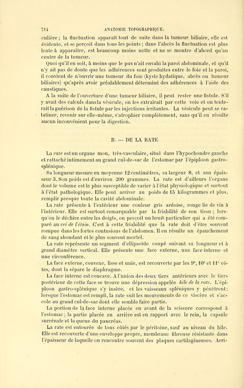 culière ; la fluctuation apparaît tout de suite dans la tumeur biliaire, elle est évidente, et se perçoit dans tous les points ; dans l'abcès la fluctuation est plus lente à apparaître, est beaucoup moins nette et ne se montre d'abord qu'au centre de la tumeur. Quoi qu'il en soit, à moins que le pus n'ait envahi la paroi abdominale, et qu'il n'y ait pas de doute que les adhérences sont produites entre le foie et la paroi, il convient de n'ouvrir une tumeur du foie (kyste hydatique, abcès ou tumeur biliaires) qu'après avoir préalablement déterminé des adhérences à l'aide des caustiques. A la suite de l'ouverture d'une tumeur biliaire, il peut rester une fistule. S'il y avait des calculs dansla vésicule, on les extrairait par cette voie et on tente- rait la guérison delà fistule par les injections irritantes. La vésicule peut se ra- tatiner, revenir sur elle-même, s'atrophier complètement, sans qu'il en résulte aucun inconvénient pour la digestion. B. — DE LA RATE La rate est un organe mou, très-vasculaire, situé dans l'hypochondre gauche et rattaché intimement au grand cul-de-sac de l'estomac par l'épiploon gastro- splénique. Sa longueur mesure en moyenne 12 centimètres, sa largeur 8, et son épais- seur 3. Son poids est d'environ 200 grammes. La rate est d'ailleurs l'organe dont le volume est le plus susceptible de varier à l'état physiologique et surtout à l'état pathologique. Elle peut arriver au poids de 15 kilogrammes et plus, remplir presque toute la cavité abdominale. La rate présente à l'extérieur une couleur gris ardoise, rouge lie de vin à l'intérieur. Elle est surtout remarquable par la friabilité de son tissu; lors- qu'on le déchire entre les doigts, on perçoit un bruit particulier qui a été com- paré au criée Vêlain. C'est à cette friabilité que la rate doit d'être souvent rompue dans les fortes contusions de l'abdomen. Il en résulte un épanchement de sang abondant et le plus souvent mortel. La rate représente un segment d'ellipsoïde coupé suivant sa longueur et à grand diamètre vertical. Elle présente une face externe, une face interne et une circonférence. La face externe, convexe, lisse et unie, est recouverte par les 9e, 10e et 11e cô- tes, dont la sépare le diaphragme. La face interne est concave. A l'union des deux tiers antérieurs avec le tiers postérieur de cette face se trouve une dépression appelée hile de la raie. L'épi- ploon gastro-splénique s'y insère, et les vaisseaux spléniques y pénètrent; lorsque l'estomac est rempli, la rate suit les mouvements de ce viscère et s'ac- cole au grand cul-de-sac dont elle semble faire partie. La portion de la face interne placée en avant de la scissure correspond à l'estomac ; la partie placée en arrière est en rapport avec le rein, la capsule surrénale et la queue du pancréas. La rate est entourée de tous côtés par le péritoine, sauf au niveau du hile. Elle est recouverte d'une enveloppe propre, membrane fibreuse résistante dans l'épaisseur de laquelle on rencontre souvent des plaques cartilagineuses. Arri-