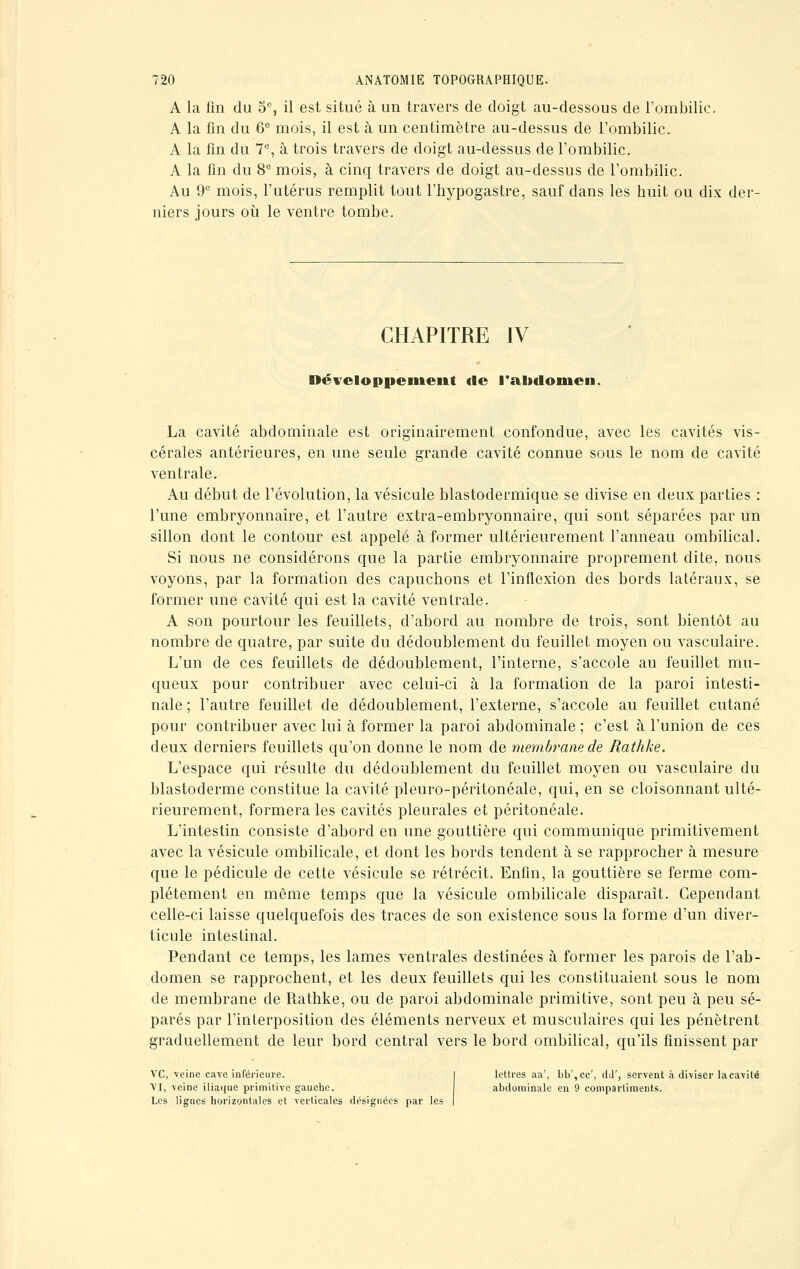 A la fin du 5e, il est situé à un travers de doigt au-dessous de l'ombilic. A la fin du 6e mois, il est à un centimètre au-dessus de l'ombilic. A la fin du 7e, à trois travers de doigt au-dessus de l'ombilic. A la fin du 8e mois, à cinq travers de doigt au-dessus de l'ombilic. Au 9e mois, l'utérus remplit tout l'bypogastre, sauf dans les huit ou dix der niers jours où le ventre tombe. CHAPITRE IV Développement de l'abdomen. La cavité abdominale est originairement confondue, avec les cavités vis- cérales antérieures, en une seule grande cavité connue sous le nom de cavité ventrale. Au début de l'évolution, la vésicule blastodermique se divise en deux parties : l'une embryonnaire, et l'autre extra-embryonnaire, qui sont séparées par un sillon dont le contour est appelé à former ultérieurement l'anneau ombilical. Si nous ne considérons que la partie embryonnaire proprement dite, nous voyons, par la formation des capuchons et l'inflexion des bords latéraux, se former une cavité qui est la cavité ventrale. A son pourtour les feuillets, d'abord au nombre de trois, sont bientôt au nombre de quatre, par suite du dédoublement du feuillet moyen ou vasculaire. L'un de ces feuillets de dédoublement, l'interne, s'accole au feuillet mu- queux pour contribuer avec celui-ci à la formation de la paroi intesti- nale ; l'autre feuillet de dédoublement, l'externe, s'accole au feuillet cutané pour contribuer avec lui à former la paroi abdominale ; c'est à l'union de ces deux derniers feuillets qu'on donne le nom de membrane de Rathke. L'espace qui résulte du dédoublement du feuillet moyen ou vasculaire du blastoderme constitue la cavité pleuro-péritonéale, qui, en se cloisonnant ulté- rieurement, formera les cavités pleurales et péritonéale. L'intestin consiste d'abord en une gouttière qui communique primitivement avec la vésicule ombilicale, et dont les bords tendent à se rapprocher à mesure que le pédicule de cette vésicule se rétrécit. Enfin, la gouttière se ferme com- plètement en même temps que la vésicule ombilicale disparaît. Cependant celle-ci laisse quelquefois des traces de son existence sous la forme d'un diver- ticule intestinal. Pendant ce temps, les lames ventrales destinées à former les parois de l'ab- domen se rapprochent, et les deux feuillets qui les constituaient sous le nom de membrane de Rathke, ou de paroi abdominale primitive, sont peu à peu sé- parés par l'interposition des éléments nerveux et musculaires qui les pénètrent graduellement de leur bord central vers le bord ombilical, qu'ils finissent par VC, veine cave inférieure. lettres aa', bb',cc', dd', servent à diviser la cavité VI, veine iliaque primitive gauche. abdominale en 9 compartiments. Les lignes horizontales et verticales désignées par les |