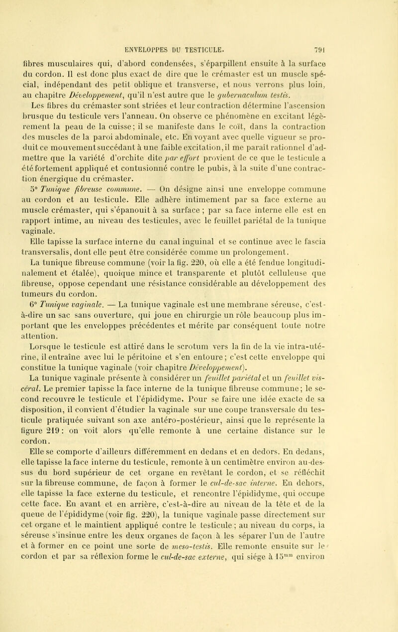 fibres musculaires qui, d'abord condensées, s'éparpillent ensuite à la surface du cordon. Il est donc plus exact de dire que le crémaster est un muscle spé- cial, indépendant des petit oblique et transverse, et nous verrons plus loin, au chapitre Développement, qu'il n'est autre que le gubernaculum testa. Les fibres du crémaster sont striées et leur contraction détermine l'ascension brusque du testicule vers l'anneau. On observe ce phénomène en excitant légè- rement la peau de la cuisse; il se manifeste dans le coït, dans la contraction des muscles de la paroi abdominale, etc. Envoyant avec quelle vigueur se pro- duitee mouvementsuccédant à une faible excitation, il me paraît rationnel d'ad- mettre que la variété d'orchitc dite par effort provient de ce que le testicule a été fortement appliqué et contusionné contre le pubis, à la suite d'une contrac- tion énergique du crémaster. 5° Tunique fibreuse commune. — On désigne ainsi une enveloppe commune au cordon et au testicule. Elle adhère intimement par sa face externe au muscle crémaster, qui s'épanouit à sa surface ; par sa face interne elle est en rapport intime, au niveau des testicules, avec le feuillet pariétal de la tunique vaginale. Elle tapisse la surface interne du canal inguinal et se continue avec le fascia transversalis, dont elle peut être considérée comme un prolongement. La tunique fibreuse commune (voir la fig. 220, où elle a été fendue longitudi- nalement et étalée), quoique mince et transparente et plutôt celluleuse que fibreuse, oppose cependant une résistance considérable au développement des tumeurs du cordon. 6° Tunique vaginale. — La tunique vaginale est une membrane séreuse, c'est- à-dire un sac sans ouverture, qui joue en chirurgie un rôle beaucoup plus im- portant que les enveloppes précédentes et mérite par conséquent toute notre attention. Lorsque le testicule est attiré dans le scrotum vers la fin de la vie intra-uté- rine, il entraîne avec lui le péritoine et s'en entoure ; c'est cette enveloppe qui constitue la tunique vaginale (voir chapitre Développement). La tunique vaginale présente à considérer un feuillet pariétal et un feuillet vis- céral. Le premier tapisse la face interne de la tunique fibreuse commune; le se- cond recouvre le testicule et l'épididyme. Pour se faire une idée exacte de sa disposition, il convient d'étudier la vaginale sur une coupe transversale du tes- ticule pratiquée suivant son axe antéro-postérieur, ainsi que le représente la figure 219 : on voit alors qu'elle remonte à une certaine distance sur le cordon. Elle se comporte d'ailleurs différemment en dedans et en dedors. En dedans, elle tapisse la face interne du testicule, remonte à un centimètre environ au-des- sus du bord supérieur de cet organe en revêtant le cordon, et se réfléchit sur la fibreuse commune, de façon à former le cul-de-sac interne. En dehors, elle tapisse la face externe du testicule, et rencontre l'épididyme, qui occupe cette face. En avant et en arrière, c'est-à-dire au niveau de la tête et de la queue de l'épididyme (voir fig. 220), la tunique vaginale passe directement sur cet organe et le maintient appliqué contre le testicule ; au niveau du corps, la séreuse s'insinue entre les deux organes de façon à les séparer l'un de l'autre et à former en ce point une sorte de meso-teslis. Elle remonte ensuite sur le cordon et par sa réflexion forme le cul-de-sac externe, qui siège à lomm environ