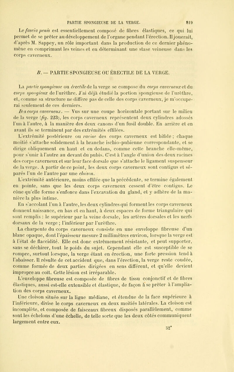 Le' fascia pénis est essentiellement composé de fibres élastiques, ce qui lui permet de se prêter au développement de l'organe pendant l'érection. Il jouerait, d'après M. Sappey, un rôle important dans la production de ce dernier phéno- mène en comprimant les veines et en déterminant une stase veineuse dans les corps caverneux. B. — PARTIE SPONGIEUSE OU ÉREGTILE DE LA VERGE. La partie spongieuse ou êrectile de la verge se compose du corps caverneux et du co?'ps spongieux del'urèthre. J'ai déjà étudié la portion spongieuse de l'urèthre, et, comme sa structure ne diffère pas de celle des corps caverneux, je m'occupe- rai seulement de ces derniers. Des corps caverneux. — Vus sur une coupe horizontale portant sur le milieu de la verge {fïg. 223), les corps caverneux représentent deux cylindres adossés l'un à l'autre, à la manière des deux canons d'un fusil double. En arrière et en avant ils se terminent par des extrémités effilées. L'extrémité postérieure ou racine des corps caverneux est bifide ; chaque moitié s'attache solidement à la branche ischio-pubienne correspondante, et se dirige obliquement en haut et en dedans, comme cette branche elle-même, pour s'unir à l'autre au devant du pubis. C'est à l'angle d'union des deux racines des corps caverneux et sur leur face dorsale que s'attache le ligament suspenseur de la verge. A partir de ce point, les deux corps caverneux sont contigus et sé- parés l'un de l'autre par une cloison. L'extrémité antérieure, moins effilée que la précédente, se termine également en pointe, sans que les deux corps caverneux cessent d'être contigus. Le cône qu'elle forme s'enfonce dans l'excavation du gland, et y adhère de la ma- nière la plus intime. En s'accolant l'un à l'autre, les deux cylindres qui forment les corps caverneux donnent naissance, en bas et en haut, à deux espaces de forme triangulaire qui sont remplis : le supérieur par la veine dorsale, les artères dorsales et les nerfs dorsaux de la verge ; l'inférieur par l'urèthre. La charpente du corps caverneux consiste en une enveloppe fibreuse d'un blanc opaque, dont l'épaisseur mesure 2 millimètres environ, lorsque la verge est à l'état de flaccidité. Elle est donc extrêmement résistante, et peut supporter, sans se déchirer, tout le poids du sujet. Cependant elle est susceptible de se rompre, surtout lorsque, la verge étant en érection, une forte pression tend à l'abaisser. Il résulte de cet accident que, dans l'érection, la verge reste coudée, comme formée de deux parties dirigées en sens différent, et qu'elle devient impropre au coït. Cette lésion est irréparable. L'enveloppe fibreuse est composée de fibres de tissu conjonctif et de fibres élastiques, aussi est-elle extensible et élastique, de façon à se prêter àl'amplia- tion des corps caverneux. Une cloison située sur la ligne médiane, et étendue de la face supérieure à l'inférieure, divise le corps caverneux en deux moitiés latérales. La cloison est incomplète, et composée de faisceaux fibreux disposés parallèlement, comme sont les échelons d'une échelle, de telle sorte que les deux côtés communiquent largement entre eux. 52*