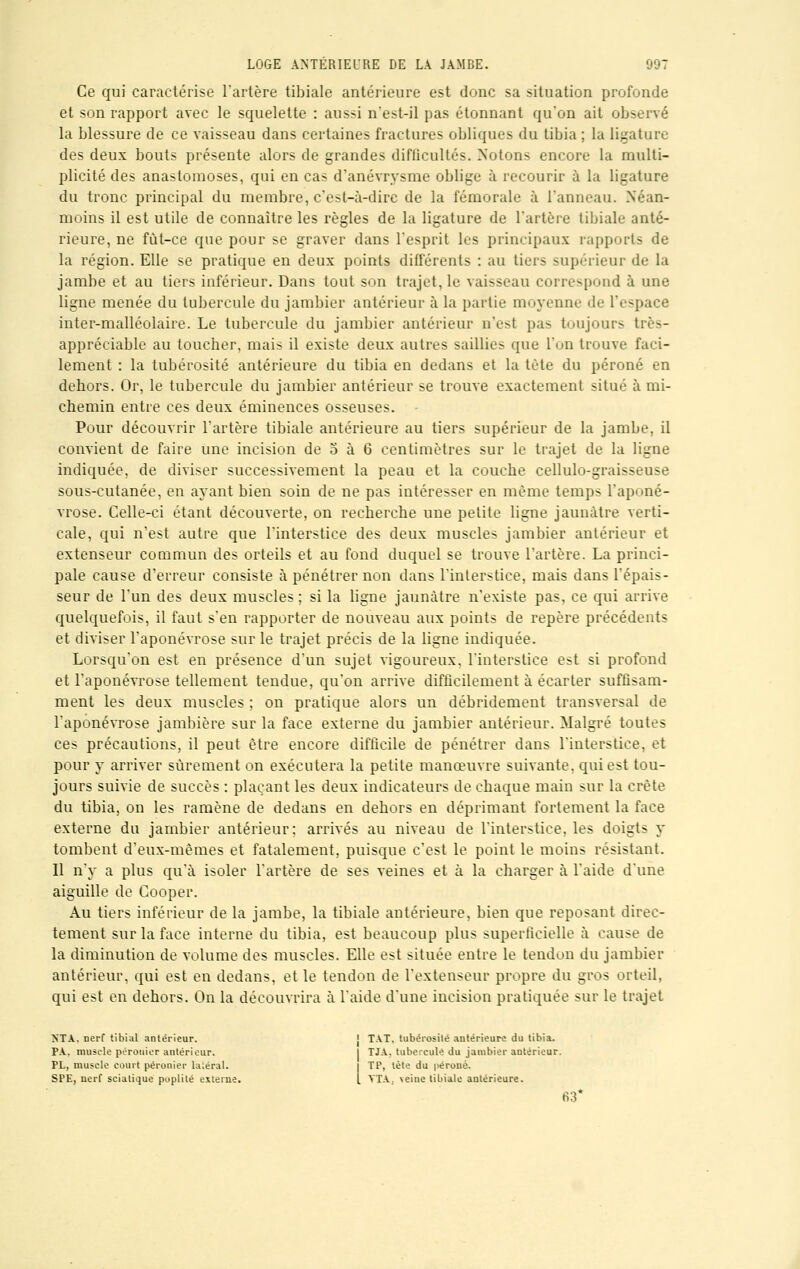 Ce qui caractérise l'artère tibiale antérieure est donc sa situation profonde et son rapport avec le squelette : aussi n'est-il pas étonnant qu'on ait observé la blessure de ce vaisseau dans certaines fractures obliques du tibia ; la ligature des deux bouts présente alors de grandes difficultés. Notons encore la multi- plicité des anastomoses, qui en cas d'anévrysme oblige à recourir a la ligature du tronc principal du membre, c'est-à-dire de la fémorale à l'anneau. Néan- moins il est utile de connaître les règles de la ligature de l'artère tibiale anté- rieure, ne fût-ce que pour se graver dans l'esprit les principaux rapports de la région. Elle se pratique en deux points différents : au tiers supérieur de la jambe et au tiers inférieur. Dans tout son trajet, le vaisseau correspond à une ligne menée du tubercule du jambier antérieur à la partie moyenne de l'espace inter-malléolaire. Le tubercule du jambier antérieur n'est pas toujours très- appréciable au toucher, mais il existe deux autres saillies que l'on trouve faci- lement : la tubérosité antérieure du tibia en dedans et la tète du péroné en dehors. Or, le tubercule du jambier antérieur se trouve exactement situé à mi- chemin entre ces deux éminences osseuses. • Pour découvrir l'artère tibiale antérieure au tiers supérieur de la jambe, il convient de faire une incision de o à 6 centimètres sur le trajet de la ligne indiquée, de diviser successivement la peau et la couche cellulo-graisseuse sous-cutanée, en ayant bien soin de ne pas intéresser en même temps l'aponé- vrose. Celle-ci étant découverte, on recherche une petite ligne jaunâtre verti- cale, qui n'est autre que l'interstice des deux muscles jambier antérieur et extenseur commun des orteils et au fond duquel se trouve l'artère. La princi- pale cause d'erreur consiste à pénétrer non dans l'interstice, mais dans l'épais- seur de l'un des deux muscles; si la ligne jaunâtre n'existe pas, ce qui arrive quelquefois, il faut s'en rapporter de nouveau aux points de repère précédents et diviser l'aponévrose sur le trajet précis de la ligne indiquée. Lorsqu'on est en présence d'un sujet vigoureux, l'interstice est si profond et l'aponévrose tellement tendue, qu'on arrive difficilement à écarter suffisam- ment les deux muscles ; on pratique alors un débridement transversal de l'aponévrose jambière sur la face externe du jambier antérieur. Malgré toutes ces précautions, il peut être encore difficile de pénétrer dans l'interstice, et pour y arriver sûrement on exécutera la petite manœuvre suivante, qui est tou- jours suivie de succès : plaçant les deux indicateurs de chaque main sur la crête du tibia, on les ramène de dedans en dehors en déprimant fortement la face externe du jambier antérieur; arrivés au niveau de l'interstice, les doigts y tombent d'eux-mêmes et fatalement, puisque c'est le point le moins résistant. Il n'y a plus qu'à isoler l'artère de ses veines et à la charger à l'aide d'une aiguille de Cooper. Au tiers inférieur de la jambe, la tibiale antérieure, bien que reposant direc- tement sur la face interne du tibia, est beaucoup plus superficielle à cause de la diminution de volume des muscles. Elle est située entre le tendon du jambier antérieur, qui est en dedans, et le tendon de l'extenseur propre du gros orteil, qui est en dehors. On la découvrira à l'aide d'une incision pratiquée sur le trajet NT A. nerf tibial antérieur. PA. muscle pérouier antérieur. PL, muscle court péronier latéral. SPE, nerf sciatique poplité externe. [ TAT, tubérosilé antérieure du tibia. TJA. tubercule du jambier antérieur. | TP, tète du péroné. [ VTA, veine tibiale antérieure. 63*