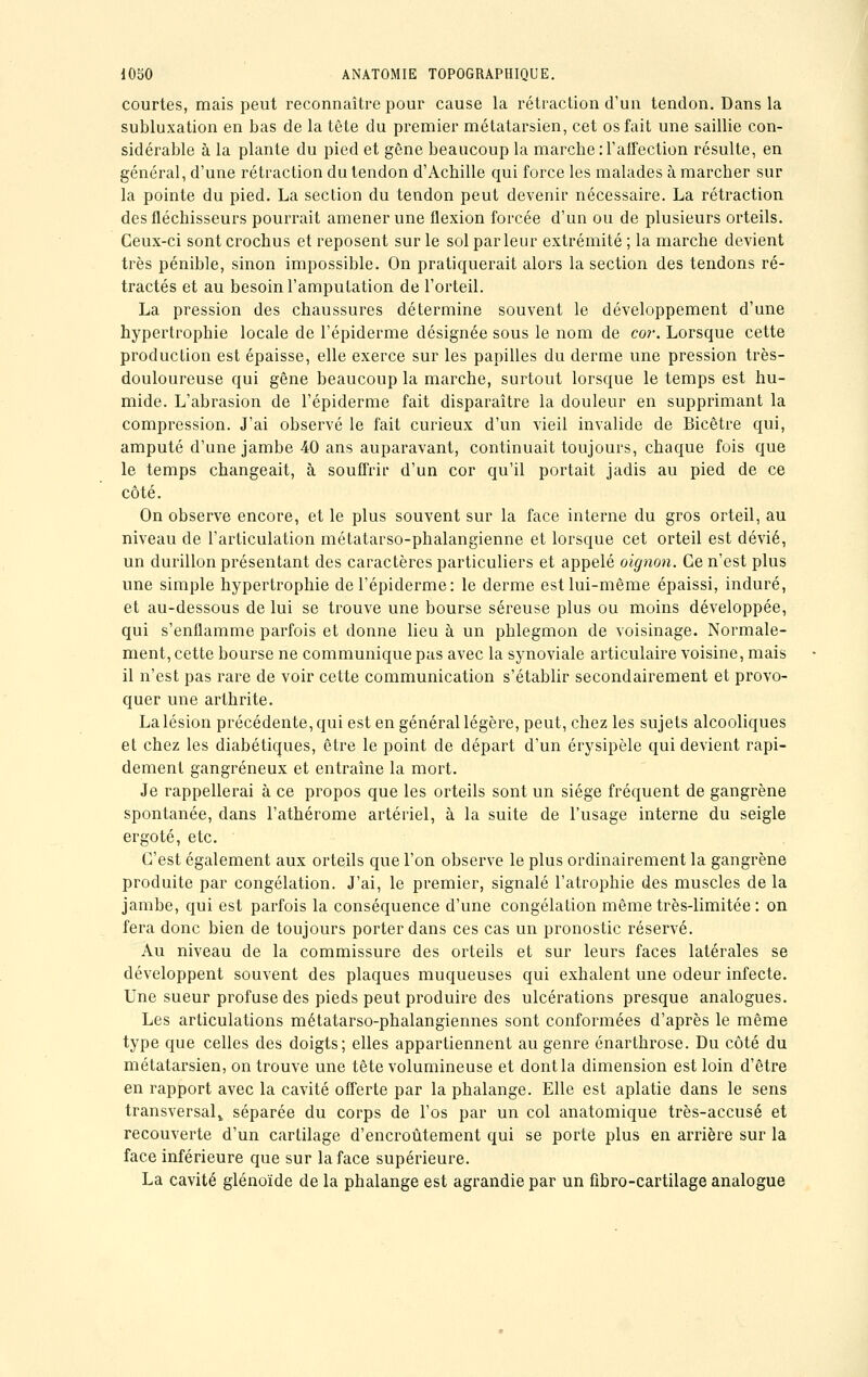 courtes, mais peut reconnaître pour cause la rétraction d'un tendon. Dans la subluxation en bas de la tête du premier métatarsien, cet os fait une saillie con- sidérable à la plante du pied et gêne beaucoup la marcbe: l'affection résulte, en général, d'une rétraction du tendon d'Achille qui force les malades à marcher sur la pointe du pied. La section du tendon peut devenir nécessaire. La rétraction des fléchisseurs pourrait amener une flexion forcée d'un ou de plusieurs orteils. Ceux-ci sont crochus et reposent sur le sol parleur extrémité ; la marche devient très pénible, sinon impossible. On pratiquerait alors la section des tendons ré- tractés et au besoin l'amputation de l'orteil. La pression des chaussures détermine souvent le développement d'une hypertrophie locale de l'épiderme désignée sous le nom de cor. Lorsque cette production est épaisse, elle exerce sur les papilles du derme une pression très- douloureuse qui gêne beaucoup la marche, surtout lorsque le temps est hu- mide. L'abrasion de l'épiderme fait disparaître la douleur en supprimant la compression. J'ai observé le fait curieux d'un vieil invalide de Bicêtre qui, amputé d'une jambe 40 ans auparavant, continuait toujours, chaque fois que le temps changeait, à souffrir d'un cor qu'il portait jadis au pied de ce côté. On observe encore, et le plus souvent sur la face interne du gros orteil, au niveau de l'articulation métatarso-phalangienne et lorsque cet orteil est dévié, un durillon présentant des caractères particuliers et appelé oignon. Ce n'est plus une simple hypertrophie de l'épiderme: le derme est lui-même épaissi, induré, et au-dessous de lui se trouve une bourse séreuse plus ou moins développée, qui s'enflamme parfois et donne lieu à un phlegmon de voisinage. Normale- ment, cette bourse ne communique pas avec la synoviale articulaire voisine, mais il n'est pas rare de voir cette communication s'établir secondairement et provo- quer une arthrite. La lésion précédente, qui est en général légère, peut, chez les sujets alcooliques et chez les diabétiques, être le point de départ d'un érysipèle qui devient rapi- dement gangreneux et entraîne la mort. Je rappellerai à ce propos que les orteils sont un siège fréquent de gangrène spontanée, dans l'athérome artériel, à la suite de l'usage interne du seigle ergoté, etc. C'est également aux orteils que l'on observe le plus ordinairement la gangrène produite par congélation. J'ai, le premier, signalé l'atrophie des muscles de la jambe, qui est parfois la conséquence d'une congélation même très-limitée : on fera donc bien de toujours porter dans ces cas un pronostic réservé. Au niveau de la commissure des orteils et sur leurs faces latérales se développent souvent des plaques muqueuses qui exhalent une odeur infecte. Une sueur profuse des pieds peut produire des ulcérations presque analogues. Les articulations métatarso-phalangiennes sont conformées d'après le même type que celles des doigts; elles appartiennent au genre énarthrose. Du côté du métatarsien, on trouve une tête volumineuse et dont la dimension est loin d'être en rapport avec la cavité offerte par la phalange. Elle est aplatie dans le sens transversalv séparée du corps de l'os par un col anatomique très-accusé et recouverte d'un cartilage d'encroûtement qui se porte plus en arrière sur la face inférieure que sur la face supérieure. La cavité glénoïde de la phalange est agrandie par un fibro-cartilage analogue