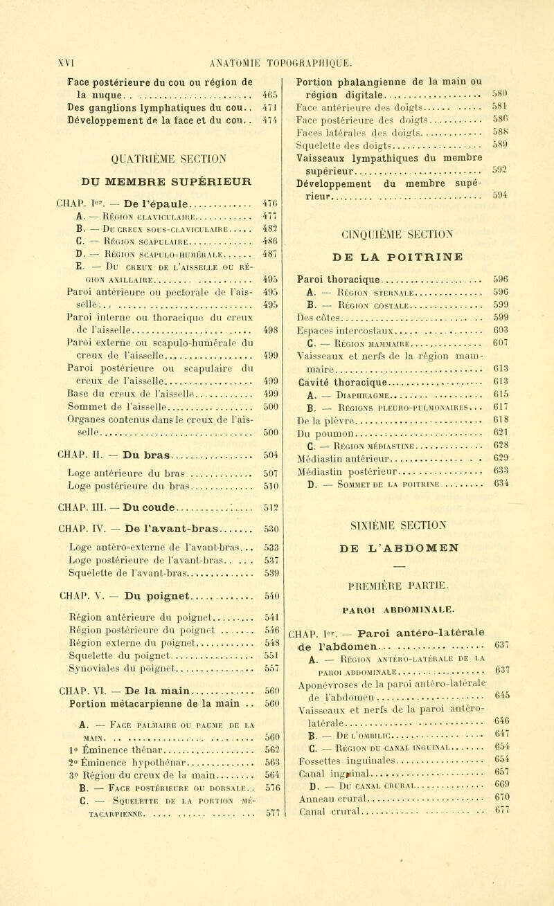 Face postérieure du cou ou région de la nuque 4G5 Des ganglions lymphatiques du cou., 471 Développement de la face et du cou.. 474 QUATRIÈME SECTION DU MEMBRE SUPÉRIEUR CHAP. I. — De l'épaule A. — Région claviculaire B. — DUCREOX SOUS-CLAVICULAIRE C. — Région scapulaire D. — Région scapulo-humérale E. — Du CKEUX DE l'aisselle OU RÉ- GION AXILLAIRE Paroi antérieure ou pectorale de l'ais- selle Paroi interne ou thoracique du creux de l'aisselle Paroi externe ou scapulo-humérale du creux de l'aisselle Paroi postérieure ou scapulaire du creux de l'aisselle Rase du creux de l'aisselle Sommet de l'aisselle Organes contenus dans le creux de l'ais- selle CHAP. II. Du bras. 476 477 48-2 48G 487 49.5 495 495 498 499 499 499 500 500 504 Loge antérieure du bras 507 Loge postérieure du bras 510 CHAP. m. — Du coude CHAP. IV. — De ravant-bras. Loge antéro-externe de l'avant-bras., Loge postérieure de l'avant-bras.. .. Squelette de l'avant-bras CHAP. V. — Du poignet. Région antérieure du poignet., Région postérieure du poignet Région externe du poignet Squelette du poignet Synoviales du poignet CHAP. VI. — De la main Portion métacarpienne de la main .. A. — Face palmaire ou paume de la MAIN 10 Éminence thénar 20 Éminence hypothénar 30 Région du creux de la main B. — Face postérieure ou dorsale.. G. — Squelette de la portion mé- tacarpienne 512 530 533 537 539 540 541 546 548 551 557 560 560 560 562 563 564 576 577 Portion phalangienne de la main ou région digitale Face antérieure des doigts Face postérieure des doigts Faces latérales des doigts Squelette des doigts Vaisseaux lympathiques du membre supérieur Développement du membre supé- rieur CINQUIÈME SECTION DE LA POITRINE 580 .581 586 588 .592 594 Paroi thoracique A. — Région sternale B. — Région costale Des côtes .. Espaces intercostaux C. ■— Région mammaire Vaisseaux et nerfs de la région mam- maire Cavité thoracique A. — Diaphragme B. — Régions pleuro-pulmonaires. .. De la plèvre Du poumon C. — Région médiastine M édiastin antérieur Médiastin postérieur D. — Sommet de la poitrine 596 .596 599 599 603 607 613 613 615 617 618 621 628 629 633 634 SIXIÈME SECTION DE L'ABDOMEN PREMIÈRE PARTIE. PAUO! ADDOiMIiNALE. CHAP. I^r. — Paroi antéro-latérale de l'abdomen 637 A. — Région antéro-latérale de la paroi abdominale 637 Aponévroses de la paroi antéro-latérale de l'abdomen 645 Vaisseaux et nerfs de la paroi antéro- latérale 646 B. — De l'ombilic 647 G. — Région du canal inguinal 654 Fossettes inguinales 654 Canal ing>iinal 657 D. — Du CANAL CRURAL 669 Anneau crural 670 Canal crural 677