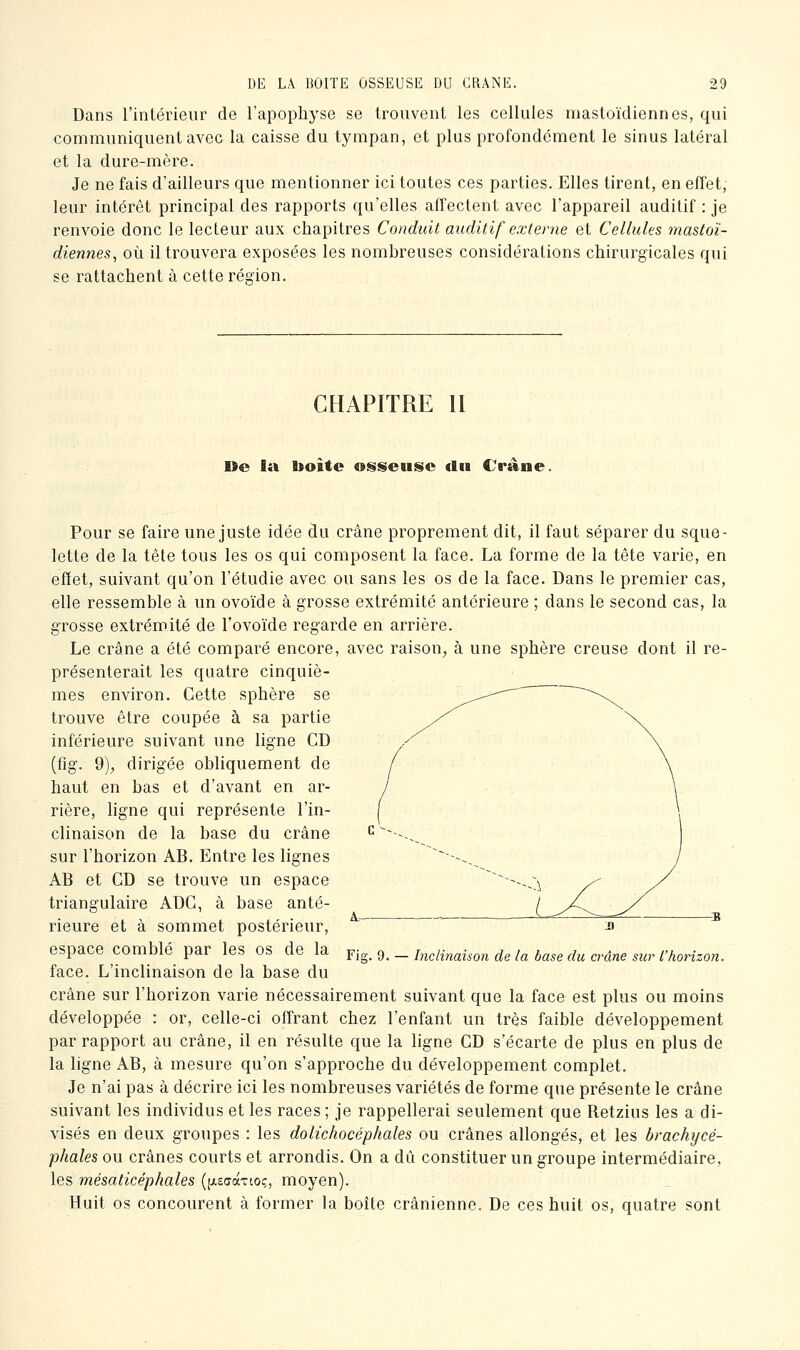 Dans l'intérieur de l'apophyse se trouvent les cellules mastoïdiennes, qui communiquent avec la caisse du tympan, et plus profondement le sinus latéral et la dure-mère. Je ne fais d'ailleurs que mentionner ici toutes ces parties. Elles tirent, en effet, leur intérêt principal des rapports qu'elles affectent avec l'appareil auditif : je renvoie donc le lecteur aux chapitres Conduit auditif externe et Cellules mastoï- diennes, où il trouvera exposées les nombreuses considérations chirurgicales qui se rattachent à cette région. CHAPITRE II De la boite osseuise du Crâne. Pour se faire une juste idée du crâne proprement dit, il faut séparer du sque- lette de la tête tous les os qui composent la face. La forme de la tête varie, en effet, suivant qu'on l'étudié avec ou sans les os de la face. Dans le premier cas, elle ressemble à un ovoïde à grosse extrémité antérieure ; dans le second cas, la grosse extrémité de l'ovoïde regarde en arrière. Le crâne a été comparé encore, avec raison, à une sphère creuse dont il re- présenterait les quatre cinquiè- mes environ. Cette sphère se trouve être coupée à sa partie inférieure suivant une ligne CD (fig. 9), dirigée obliquement de haut en bas et d'avant en ar- rière, ligne qui représente l'in- clinaison de la base du crâne sur l'horizon AB. Entre les lignes AB et CD se trouve un espace triangulaire ADC, à base anté- rieure et à sommet postérieur, espace comblé par les os de la face. L'inclinaison de la base du crâne sur l'horizon varie nécessairement suivant que la face est plus ou moins développée : or, celle-ci offrant chez l'enfant un très faible développement par rapport au crâne, il en résulte que la ligne CD s'écarte de plus en plus de la ligne AB, à mesure qu'on s'approche du développement complet. Je n'ai pas à décrire ici les nombreuses variétés de forme que présente le crâne suivant les individus et les races; je rappellerai seulement que Retzius les a di- visés en deux groupes : les dolichocéphales ou crânes allongés, et les brachycé- phales ou crânes courts et arrondis. On a dû constituer un groupe intermédiaire, les mésaticéphales ((jLsaàxioç, moyen). Huit os concourent à former la boîte crânienne. De ces huit os, quatre sont Fig. 0. — Inclmaison de la base du crâne sitr l'horizon.