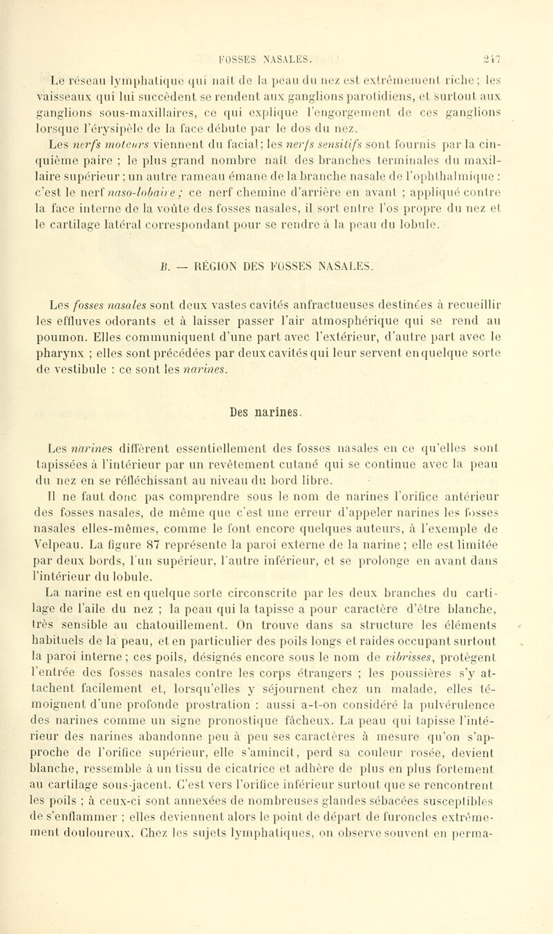 l'OSSES ?^ÂSALES. -l'il Le réseau lyinp]iali([iic qui naît de la peau du nez esl exlrêmemeiiL riche; les vaisseaux qui lui succèdent se rendent aux ganglions parolidiens, et surtout aux ganglions sous-maxillaires, ce qui explique l'engorgement de ces ganglions lorsque l'érysipèle de la face débute par le dos du nez. Les nei-fs motein's viennent du facial; les nerfs sensiiifs sont fournis par la cin- quième paire ; le plus grand nombre naît des branches terminales du maxil- laire supérieur ; un autre rameau émane de la branche nasale de Tophlbalmique : c'est le ner( naso-lnbaire ; ce nerf chemine d'arrière en avant ; appliqué contre la face interne de la voûte des fosses nasales, il sort entre l'os propre du nez et le cartilage latéral correspondant pour se rendre à la peau du lobule. B. — RÉGION DES FOSSES NASAI.ES. Les fosses nasales sont deux vastes cavités anfractueuses destinées à recueillir les effluves odorants et à laisser passer l'air atmosphérique qui se rend au poumon. Elles communiquent d'une part avec l'extérieur, d'autre part avec le pharynx ; elles sont précédées par deux cavités qui leur servent en quelque sorte de vestibule : ce sont les narines. Des narines. Les narines diffèrent essentiellement des fosses nasales en ce qu'elles sont tapissées à l'intérieur par un revêtement cutané qui se continue avec la peau du nez en se réfléchissant au niveau du bord libre. Il ne faut donc pas comprendre sous le nom de narines l'orifice antérieur des fosses nasales, de même que c'est une erreur d'appeler narines les f<)sses nasales elles-mêmes, comme le font encore quelques auteurs, à l'exemple de Velpeau. La figure 87 représente la paroi externe de la narine ; elle est limitée par deux bords, l'un supérieur, l'autre inférieur, et se prolonge en avant dans l'intérieur du lobule. La narine est en quelque sorte circonscrite parles deux branches du carti- lage de l'aile du nez ; la peau qui la tapisse a pour caractère d'être blanche, très sensible au chatouillement. On trouve dans sa structure les éléments habituels de la peau, et en particulier des poils longs et raides occupant surtout la paroi interne ; ces poils, désignés encore sous le nom de vibrisses, protègent l'entrée des fosses nasales contre les corps étrangers ; les poussières s'y at- tachent facilement et, lorsqu'elles y séjournent chez un malade, elles té- moignent d'une profonde prostration : aussi a-t-on considéré la pulvérulence des narines comme un signe pronostique fâcheux. La peau qui tapisse l'inté- rieur des narines abandonne peu à peu ses caractères à mesure qu'on s'ap- proche de l'orifice supérieur, elle s'amincit, perd sa couleur rosée, devient blanche, ressemble à un tissu de cicatrice et adhère de plus en plus fortement au cartilage sous-jacent. C'est vers l'orifice inférieur surtout que se rencontrent les poils ; à ceux-ci sont annexées de nombreuses glandes sébacées susceptibles de s'enflammer ; elles deviennent alors le point de départ de furoncles extrême- ment douloureux. Chez les sujets lymphatiques, on observe souvent en perraa-