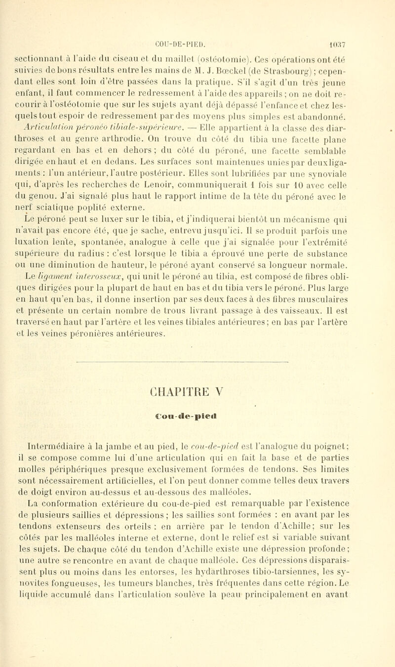 sectionnant à l'aide du ciseau et du maillet (ostéotomie). Ces opérations ont été suivies de bons résultats entre les mains de M. J. Bœckel (de Strasbourg-) ; cepen- dant elles sont loin d'être passées dans la pratique. S'il s'agit d'un très jeune enfant, il faut commencer le redressement à l'aide des appareils ; on ne doit re- courir à l'ostéotomie que sur les sujets ayant déjà dépassé l'enfance et chez les- quels tout espoir de redressement par des moyens plus simples est abandonné. Articulaiion péronéo tibiale-supérieure. — Elle appartient à la classe des diar- throses et au genre arthrodie. On trouve du côté du tibia une facette plane regardant en bas et en dehors ; du côté du péroné, une facette semblable dirigée en haut et en dedans. Les surfaces sont maintenues unies par deuxliga- ments : l'un antérieur, l'autre postérieur. Elles sont lubrifiées par une synoviale qui, d'après les recherches de Lenoir, communiquerait 1 fois sur 10 avec celle du genou. J'ai signalé plus haut le rapport intime de la tête du péroné avec le nerf scialique poplité externe. Le péroné peut se luxer sur le tibia, et j'indiquerai bientôt un mécanisme qui n'avait pas encore été, que je sache, entrevu jusqu'ici. Il se produit parfois une luxation len'te, spontanée, analogue à celle que j'ai signalée pour l'extrémité supérieure du radius : c'est lorsque le tibia a éprouvé une perte de substance ou une diminution de hauteur, le péroné ayant conservé sa longueur normale. Le ligarne^it interosseux, qui unit le péroné au tibia, est composé de fibres obli- ques dirigées pour la plupart de haut en bas et du tibia vers le péroné. Plus large en haut qu'en bas, il donne insertion par ses deux faces à des fibres musculaires et présente un certain nombre de trous livrant passage à des vaisseaux. Il est traversé en haut par l'artère et les veines tibiales antérieures ; en bas par l'artère et les veines péronières antérieures. CHAPITRE V C'oii-«le-|iie(l Intermédiaire à la jambe et au pied, le cou-de-pied est l'analogue du poignet; il se compose comme lui d'une articulation qui en fait la base et de parties molles périphériques presque exclusivement formées de tendons. Ses limites sont nécessairement artificielles, et l'on peut donner comme telles deux travers de doigt environ au-dessus et au-dessous des malléoles. La conformation extérieure du cou-de-pied est remarquable par l'existence de plusieurs saillies et dépressions; les saillies sont formées : en avant par les tendons extenseurs des orteils: en arrière par le tendon d'Achille; sur les côtés par les malléoles interne et externe, dont le relief est si variable suivant les sujets. De chaque côté du tendon d'Achille existe une dépression profonde; une autre se rencontre en avant de chaque malléole. Ces dépressions disparais- sent plus ou moins dans les entorses, les hydarthroses tibio-tarsiennes, les sy- novites fongueuses, les tumeurs blanches, très fréquentes dans cette région. Le liquide accumulé dans l'articulation soulève la peau principalement en avant