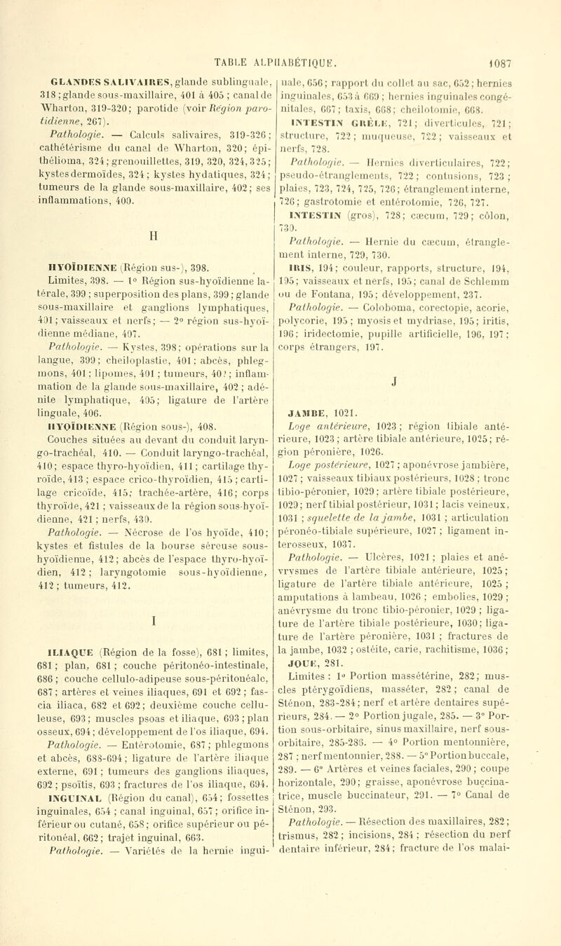 GLANDIÎS SALIVAIRES, glande sublinguale, 318 ; glande sous-maxillaire, 401 à 405 ; canal de Wharton, 319-320; parotide {voir Région jmro- tidienne, 267). Pathologie. — Calculs salivaires, 319-326; cathétérisme du canal de Wliarton, 320; épi- Ihélioma, 324; grenouillettes, 319, 320, 324,325; kystes dermoïdes, 324; kystes hydatiques, 324; tumeurs de la glande sous-maxillaire, 402; ses inflammations, 400. H HYOÏDIENNE (Région sus-), 398. Limites, 398. — \° Région sus-hyoïdienne la- térale, 399 ; superposition des plans, 399 ; glande sous-maxillaire et ganglions lymphatiques, 401 ; vaisseaux et nerfs; — 2° région sus-hyoï- dienne médiane, 407. Pathologie. — Kystes, 398 ; opérations sur la langue, 399; cheiloplastie, 401 ; abcès, phleg- mons, 401 ; lipomes, 401 ; tumeurs, 40.' ; inflam- mation de la glande sous-maxillaire, 402 ; adé- nite lymphatique, 405; ligature de l'artère linguale, 406. IIYOÏDIEMVE (Région sous-), 408. Couches situées au devant du conduit laryn- go-trachéal, 410. — Conduit laryngo-trachéal, 410; espace thyro-hyoïdien, 411; cartilage thy- roïde, 413; espace crico-thyroïdien, 415; carti- lage cricoïde, 415; trachée-artère, 416; corps thyroïde, 421 ; vaisseaux de la région sous-hyoï- dienne, 421 ; nerfs, 430. Pathologie. — Nécrose de l'os hyoïde, 410; kystes et fistules de la bourse séreuse sous- hyoïdienne, 412; abcès de l'espace thyro-hyoï- dien, 412; laryngotomie sous-hyoïdienne, 412 ; tumeurs, 412. I ILI.4QUR (Région de la fosse), 681 ; limites, 681 ; plan, 681 ; couche péritonéo-intestinale, 686; couche cellulo-adipeuse sous-péritonéalc, 687 ; artères et veines iliaques, 691 et G92 ; fas- cia iliaca, 682 et 692; deuxième couche cellu- leuse, 693; muscles psoas et iliaque, 693 ; plan osseux, 694 ; développement de l'os iliaque, 694. Pathologie. — Entérotomie, 687 ; phlegmons et abcès, 688-694; ligature de l'artère iliaque externe, 691 ; tumeurs des ganglions iliaques, 692 ; psoïtis, 693 ; fractures de l'os iliaque, 694. INGUINAL (Région du canal), 654; fossettes j inguinales, 654 ; canal inguinal, 657; orifice in- férieur ou cutané, 658 ; orifice supérieur ou pé- ritonéal, 662; trajet inguinal, 663. Pathologie. — Variétés de la hernie ingui- nale, 656; rapport du collet au sac, 652; hernies inguinales, 653 à 669 ; hernies inguinales congé- nitales, 607; taxis, 608; cheilotomie, 608. INTESTIN GKÈLE, 721; diverticales, 721; structure, 722 ; muqueuse, 722 ; vaisseaux et nerfs, 728. Pathologie. — Hernies diverticulaires, 722; pseudo-étranglements, 722; contusions, 723; plaies, 723, 724, 725, 726; étranglement interne, 72G; gastrotomie et entérotomie, 726, 727. INTESTIN (gros), 728; caecum, 729; côlon, 730. Pathologie. — Hernie du cœcum, étrangle- ment interne, 729, 730. mis, 194; couleur, rapports, structure, 194, 195; vaisseaux et nerfs, 195; canal de Schlemm ou de Fontana, 195; développement, 237. Pathologie. — Coloboma, corectopie, acorie, polycorie, 195; myosiset mydriase, 195; iritis, 196; iridectomie, pupille artificielle, 190, 197; corps étrangers, 197. JAMBE, 1021. Loge antérieure, 1023; région tibiale anté- rieure, 1023 ; artère tibiale antérieure, 1025; ré- gion péronière, 1026. Loge postérieure, 1027 ; aponévrose jambière, 1027 ; vaisseaux tibiaux postérieurs, 1028 ; tronc tibio-péronier, 1029; artère tibiale postérieure, 1029; nerf tibialpostérieur, 1031; lacis veineux, 1031 ; squelette de la jambe, 1031 ; articulation péronéo-tibiale supérieure, 1027 ; ligament in- terosseux, 1037. Pathologie. — Ulcères, 1021 ; plaies et ané- vrvsmes de l'artère tibiale antérieure, 1025 ; ligature de l'artère tibiale antérieure, 1025 ; amputations à lambeau, 1026 ; embolies, 1029 ; anévrysme du tronc tibio-péronier, 1029 ; liga- ture de l'artère tibiale postérieure, 1030; liga- ture de l'artère péronière, 1031 ; fractures de la jambe, 1032 ; ostéite, carie, rachitisme, 1036 ; JOUE, 281. Limites : 1 Portion massétérine, 282; mus- cles ptérygoïdiens, masséter, 282; canal de Sténon, 283-284; nerf et artère dentaires supé- rieurs, 284. — 2» Portion jugale, 285. — 3° Por- tion sous-orbitaire, sinus maxillaire, nerf sous- orbitaire, 285-283. — 4° Portion mentonnière, 287 ; nerf mentonnier, 288. — 5 Portionbuccale, 289. — 6° Artères et veines faciales, 290 ; coupe horizontale, 290; graisse, aponévrose buçciua- trice, muscle buccinateur, 291. — 7° Canal de Sténon, 293. Pathologie. — Résection des maxillaires, 282; trismus, 282 ; incisions, 284 ; résection du nerf dentaire inférieur, 284 ; fracture de l'os malai-