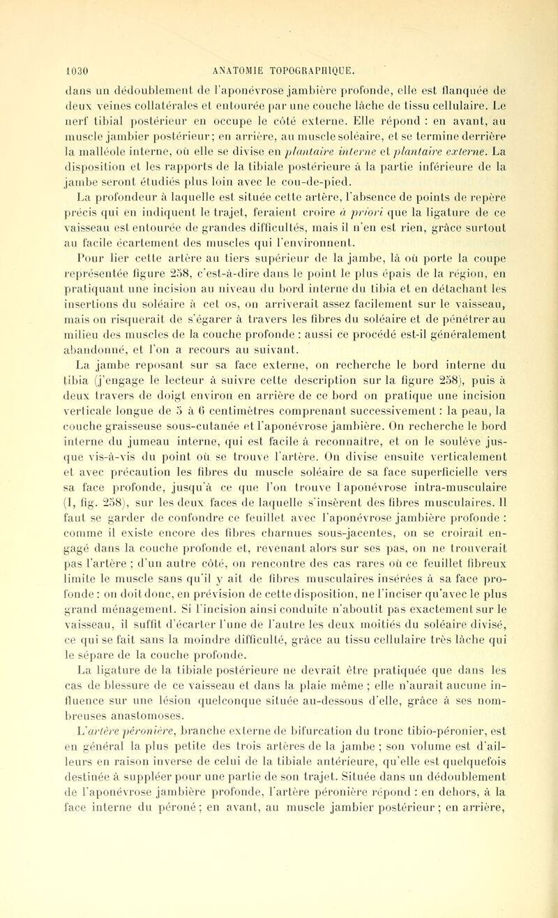 dans un dédoublement de l'aponévrose jambière profonde, elle est flanquée de deux veines collatérales et entourée par une couche lâche de tissu cellulaire. Le nerf tibial postérieur en occupe le côté externe. Elle répond : en avant, au muscle jambier postérieur; en arrière, au muscle soléaire, et se termine derrière la malléole interne, où elle se divise en plantaire interne et plantaire externe. La disposition et les rapports de la tibiale postérieure à la partie inférieure de la jambe seront étudiés plus loin avec le cou-de-pied. La profondeur à laquelle est située cette artère, l'absence de points de repère précis qui en indiquent le trajet, feraient croire à priori que la ligature de ce vaisseau est entourée de grandes difficultés, mais il n'en est rien, grâce surtout au facile écartement des muscles qui l'environnent. Pour lier cette artère au tiers supérieur de la jambe, là où porte la coupe représentée figure 258, c'est-â-dire dans le point le plus épais de la région, en pratiquant une incision au niveau du bord interne du tibia et en détachant les insertions du soléaire à cet os, on arriverait assez facilement sur le vaisseau, mais on risquerait de s'égarer à travers les fibres du soléaire et de pénétrer au milieu des muscles de la couche profonde : aussi ce procédé est-il généralement abandonné, et l'on a recours au suivant. La jambe reposant sur sa face externe, on recherche le bord interne du tibia (j'engage le lecteur à suivre cette description sur la figure 258), puis à deux travers de doigt environ en arrière de ce bord on pratique une incision verticale longue de 5 à 6 centimètres comprenant successivement : la peau, la couche graisseuse sous-cutanée et l'aponévrose jambière. On recherche le bord interne du jumeau interne, qui est facile à reconnaître, et on le soulève jus- que vis-à-vis du point oîi se trouve l'artère. On divise ensuite verticalement et avec précaution les fibres du muscle soléaire de sa face superficielle vers sa face profonde, jusqu'à ce que l'on trouve 1 aponévrose intra-musculaire (I, fig. 258), sur les deux faces de laquelle s'insèrent des fibres musculaires. Il faut se garder de confondre ce feuillet avec l'aponévrose jambière profonde : comme il existe encore des fibres charnues sous-jacentes, on se croirait en- gagé dans la couche profonde et, revenant alors sur ses pas, on ne trouverait pas l'artère ; d'un autre côté, on rencontre des cas rares où ce feuillet fibreux limite le muscle sans qu'il y ait de fibres musculaires insérées à sa face pro- fonde : on doit donc, en prévision de cette disposition, ne l'inciser qu'avec le plus grand ménagement. Si l'incision ainsi conduite n'aboutit pas exactement sur le vaisseau, il suffit d'écarter l'une de l'autre les deux moitiés du soléaire divisé, ce qui se fait sans la moindre difficulté, grâce au tissu cellulaire très lâche qui le sépare de la couche profonde. La ligature de la tibiale postérieure ne devrait être pratiquée que dans les cas de blessure de ce vaisseau et dans la plaie même ; elle n'aurait aucune in- fluence sur une lésion quelconque située au-dessous d'elle, grâce à ses nom- breuses anastomoses. L'artère péronière, branche externe de bifurcation du tronc tibio-péronier, est en général la plus petite des trois artères de la jambe ; son volume est d'ail- leurs en raison inverse de celui de la tibiale antérieure, qu'elle est quelquefois destinée à suppléer pour une partie de son trajet. Située dans un dédoublement de l'aponévrose jambière profonde, l'artère péronière répond : en dehors, à la face interne du péroné ; en avant, au muscle jambier postérieur ; en arrière,