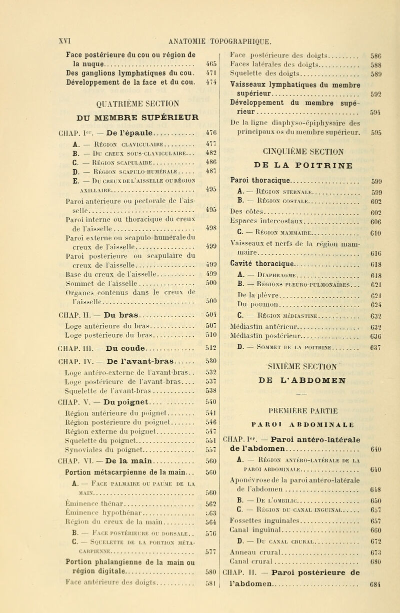 474 Face postérieure du cou ou région de la nuque 465 Des ganglions lymphatiques du cou. 471 Développement de la face et du cou. QUATRIÈME SECTION DU MEMBRE SUPÉRIEUR CHAP. l'. — De Tépaule 47G A. — Région clwiculaire 477 Face postérieure des doigts Faces latérales des doigts Squelette des doigts Vaisseaux lymphatiques du membre supérieur Développement du membre supé- rieur De la ligne diaphyso-épiphysaire des principaux os du membre supérieur. B. — Du CREUX SOUS-CLAVICULAIRE.. . C. — Région scapulaire D. — Région scapulo-humérale E. — Du creux de l'aisselle ou région AXILLAIRE Paroi antérieure ou pectorale de l'ais- selle Paroi interne ou thoracique du creux de l'aisselle Paroi externe ou scapulo-humérale du creux de l'aisselle Paroi postérieure ou scapulaire du creux de l'aisselle Base du creux de l'aisselle Sommet de l'aisselle Organes contenus dans le creux de l'aisselle 482 486 CHAP. II. — Du bras.... Loge antérieure du bras. 495 495 498 499 499 499 500 500 504 507 Loge postérieure du bras 510 CHAP. III. — Du coude 51.2 CHAP. IV. — De l'avant-bras 530 Loge antéro-externe de l'avant-bras.. 532 Loge postérieure de l'avant-bras.... 537 Squelette de l'avant-bras 538 CHAP. V. — Du poignet 540 Région antérieure du poignet 541 Région postérieure du poignet 546 Région externe du poignet 547 Squelette du poignet 551 Synoviales du poignet 557 CHAP. YI. — De la main 560 Portion métacarpienne de la main... 560 A. — Face palmaire ou paume de la MAIN 560 Éminence thénar 562 EmiiieiK'e hypothénar ;.63 Région du creux de la main 564 B. — Face postérieure ou dors.vle. . 570 C. — SOUELETTE DE LA l'ORTION .MKTA- CAlil-IKNNi: 577 Portion phalangienne de la main ou région digitale 580 Face antérieure des doigts 581 CINQUIÈME SECTION DE LA POITRINE Paroi thoracique A. — Région sternale B. — Région costale Des côtes Espaces intercostaux C. — Région mammaire Vaisseaux et nerfs de la région mam- maire Cavité thoracique A. — Diaphragme B. — Régions pleuro-pulmonaires. .. De la plèvre Du poumon C. — Région médiastine ; Médiastin antérieur Médiastin postérieur D. — Sommet de la poitrine SIXIÈME SECTION DE L'ABDOMEN PREMIERE PARTIE PAROI ABDOMINALE CHAP. I. — Paroi antéro-latérale de l'abdomen A. — Région antéro-latérale de la PAROI abdominale Aponévrose de la paroi antéro-latérale de l'abdomen B. — De l'ombilic C. — Région du canal inguinal Fossettes inguinales Canal inguinal D. — Du canal crural Anneau crural Canal crural CHAI*. II. — Paroi postérieure de l'abdomen 586 588 589 592 594 595 599 599 602 602 606 610 616 618 618 G21 021 624 632 632 636 637 640 640 648 650 657 057 6G0 672 673 680 684