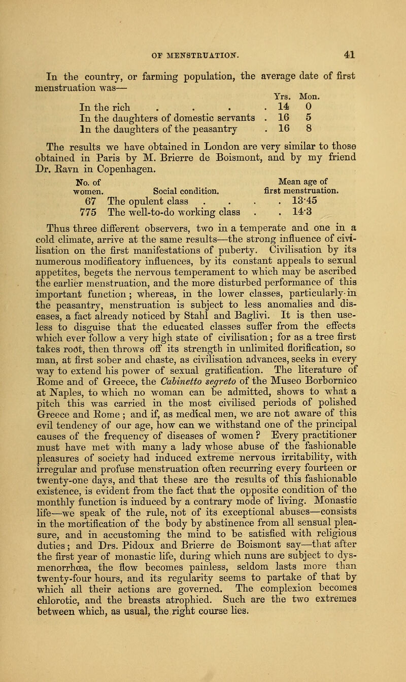 In the country, or farming population, the average date of first menstruation was— Yrs. Mon. In tlie rich . . . . 14 0 In the daughters of domestic servants . 16 5 In the daughters of the peasantry . 16 8 The results we have obtained in London are very similar to those obtained in Paris by M. Brierre de Boismont, and by my friend Dr. Eavn in Copenhagen. No. of Mean age of women. Social condition. first menstruation. 67 The opulent class .... 13-45 775 The weU-to-do working class . . 14-3 Thus three different observers, two in a temperate and one in a cold climate, arrive at the same results—the strong influence of civi- lisation on the first manifestations of puberty. Civilisation by its numerous modificatory influences, by its constant appeals to sexual appetites, begets the nervous temperament to which may be ascribed the earlier menstruation, and the more disturbed performance of this important function; whereas, in the lower classes, particularly-in the peasantry, menstruation is subject to less anomalies and dis- eases, a fact already noticed by Stahl and Baglivi. It is then use- less to disguise that the educated classes suffer from the effects which ever follow a very high state of civilisation; for as a tree first takes root, then throws off its strength in unlimited florification, so man, at first sober and chaste, as civilisation advances, seeks in every way to extend his power of sexual gratification. The literature _ of Eome and of Greece, the Cabinetto segreto of the Museo Borbornico at Naples, to which no woman can be admitted, shows to what a pitch this was carried in the most civilised periods of polished Greece and Eome ; and if, as medical men, we are not aware of this evU tendency of our age, how can we withstand one of the principal causes of the frequency of diseases of women ? Every practitioner must have met with many a lady whose abuse of the fashionable pleasures of society had induced extreme nervous irritability, with irregular and profuse menstruation often recurring every fourteen or twenty-one days, and that these are the results of this fashionable existence, is evident from the fact that the opposite condition of the monthly function is induced by a contrary mode of living. Monastic life—we speak of the rule, not of its exceptional abuses—consists in the mortification of the body by abstinence from all sensual plea- sure, and in accustoming the mind to be satisfied with religious duties; and Drs. Pidoux and Brierre de Boismont say—that after the first year of monastic life, during which nuns are subject to dys- menorrhoea, the flow becomes painless, seldom lasts more than twenty-four hours, and its regularity seems to partake of that by which all their actions are governed. The complexion becomes chlorotic, and the breasts atrophied. Such are the two extremes between which, as usual, the right course lies.